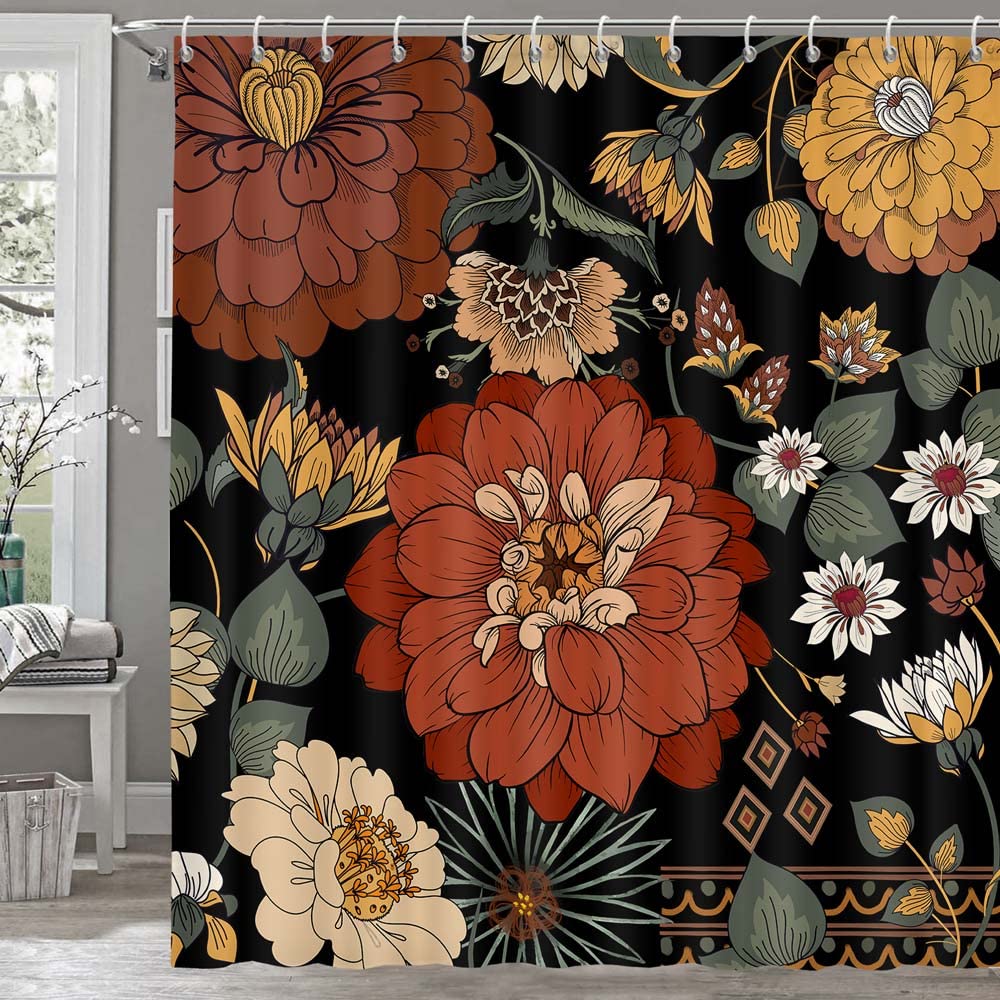 Torich Floral Botanical Shower Curtain, Abstract Mid Century Morden Boho Bohemian Flowers Tropical Leaves Bathroom Curtain, Waterproof Fabric Bathroom