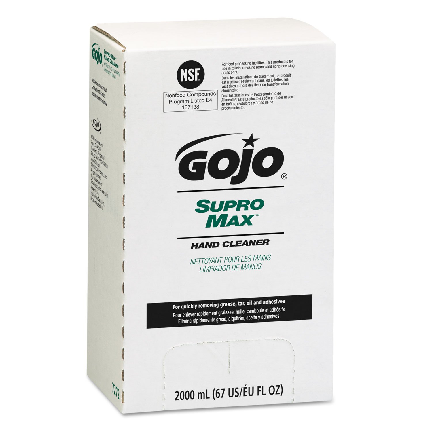 GOJO Industries 7272-04 2000 mL Refill SUPRO MAX Lotion Hand Cleaner, English, 15.34 fl. oz., Plastic, 8.8" x 3.6" x 5.1"