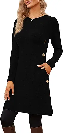 Jar of Love Women's Long Sleeve Scoop Neck Button Side Causal Fall Dress with Pockets