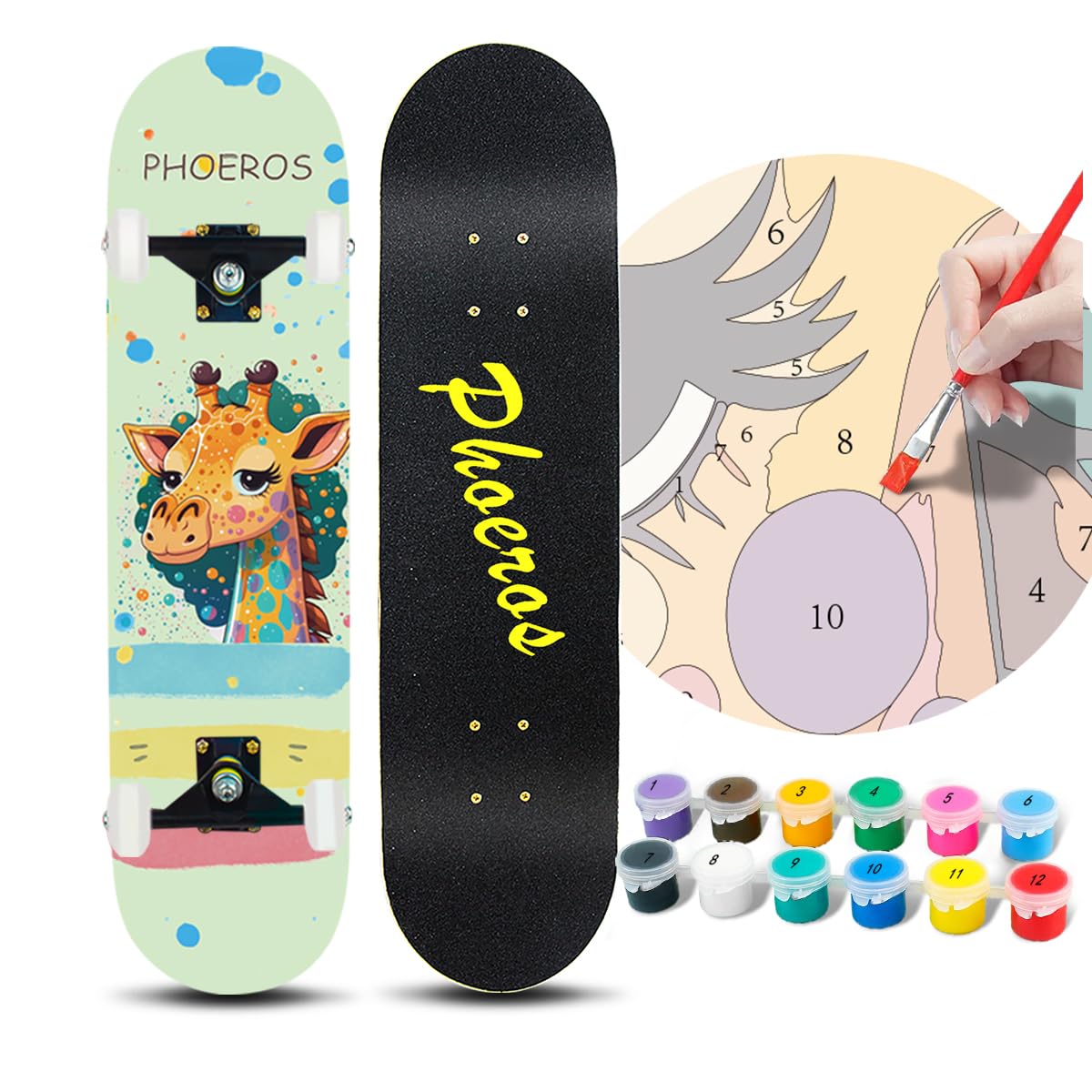 PHOEROS DIY Complete Skateboards- Standard Skateboards for Beginners Kids Boys Girls Teenager- 31''x 8''Canadian Maple Cruiser Pro Skate Board, Skateboards