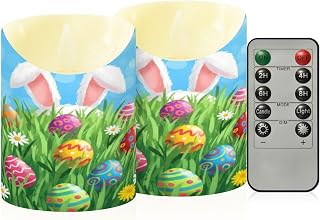 ALAZA Easter Eggs Cute Bunny Ears Spring Flowers Flickering Flameless Candles Battery Operated with Remote Timer,Tea Light Candles LED Pillar Votive Set of 2 for Outdoor Indoor Decorations 3" 469