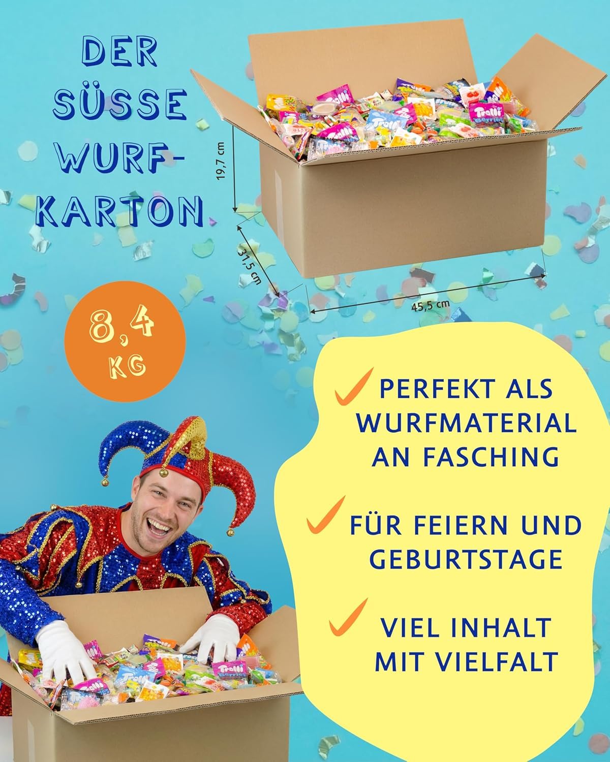 Karneval-Wurfmaterial mit Süßigkeiten – 8,4 kg bunte Auswahl an abgepackten Süßigkeiten für Fasching und Karneval – Spaß für Groß und Klein