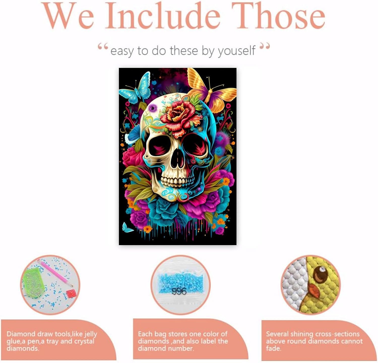 Gabbana Colorful Skeleton Diamond Painting, 5D DIY Full Round Diamond Cross Stitch Kit for Adults, Skeleton Classic Diamond Art Birthday Gift 18x24 Inch