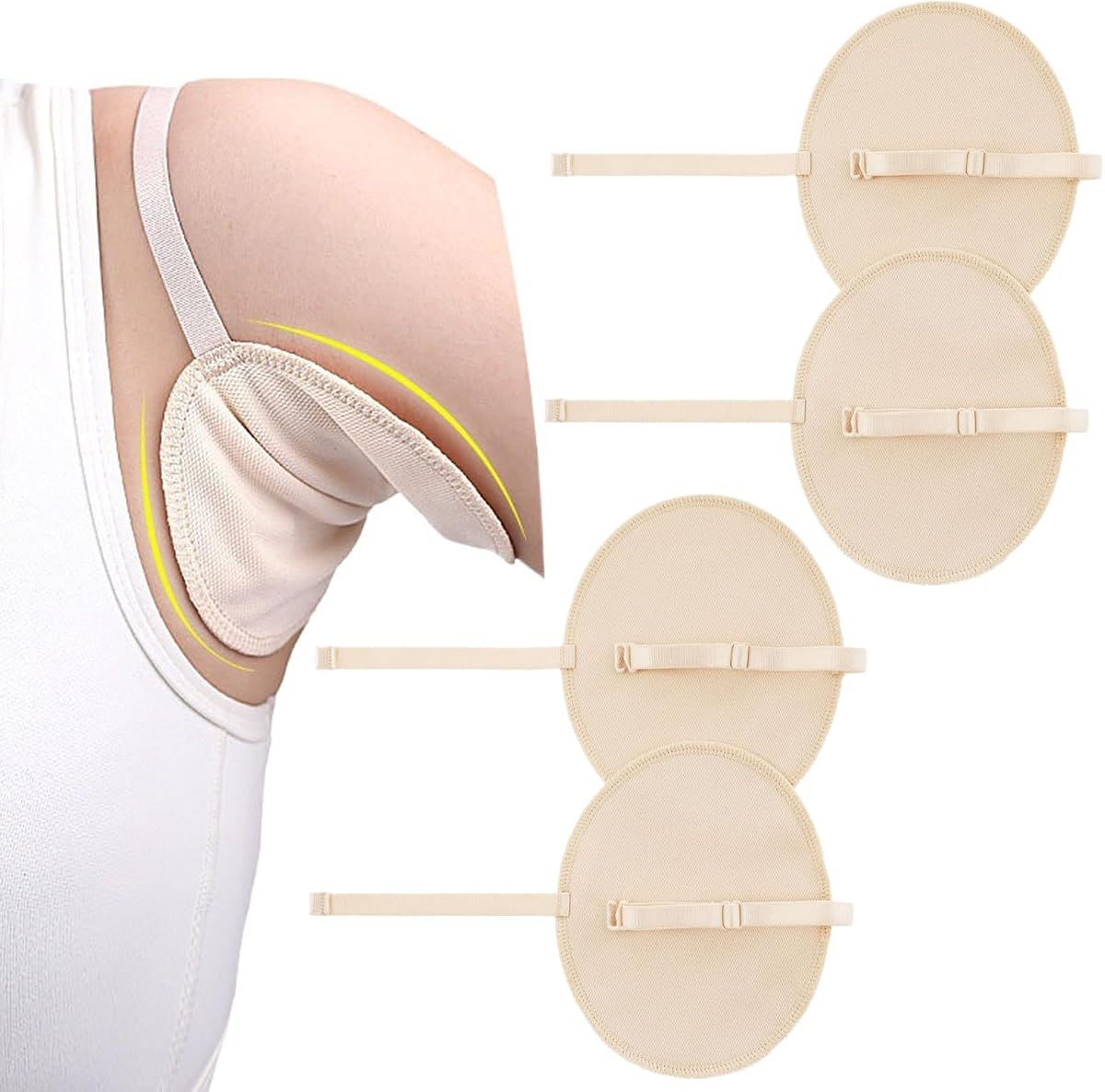 Armpit Sweat Pads, 2 Pairs, Women Men, Nude | Reusable, Underarm Sweat Guards, With Shoulder Strap, Comfortable and Breathable