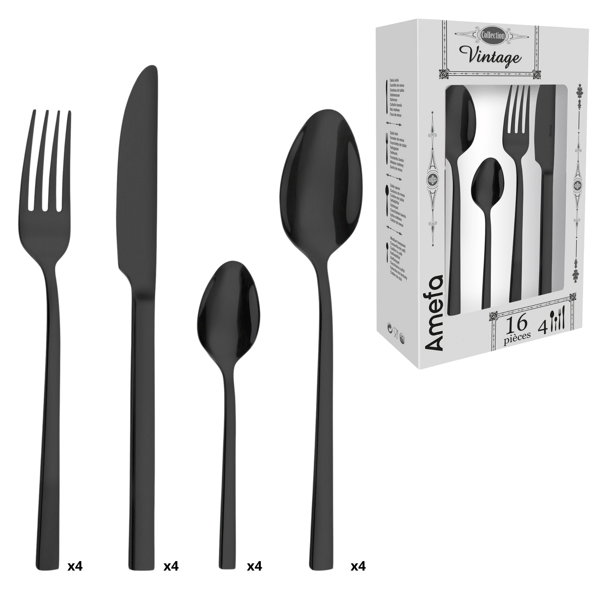 AMEFA - Servizio di posate da 24 posti per 6 persone - Square - Acciaio 18/0 - Finitura PVD (deposizione fisica di vapore) - Nero