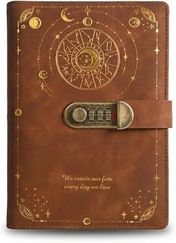 A5 Vintage Diary with Lock, Daily Journal with Lock in PU Leather, Journal Notebook, Lockable Diary with Pen Holder and Card Slots, Leather Notebook (brown)