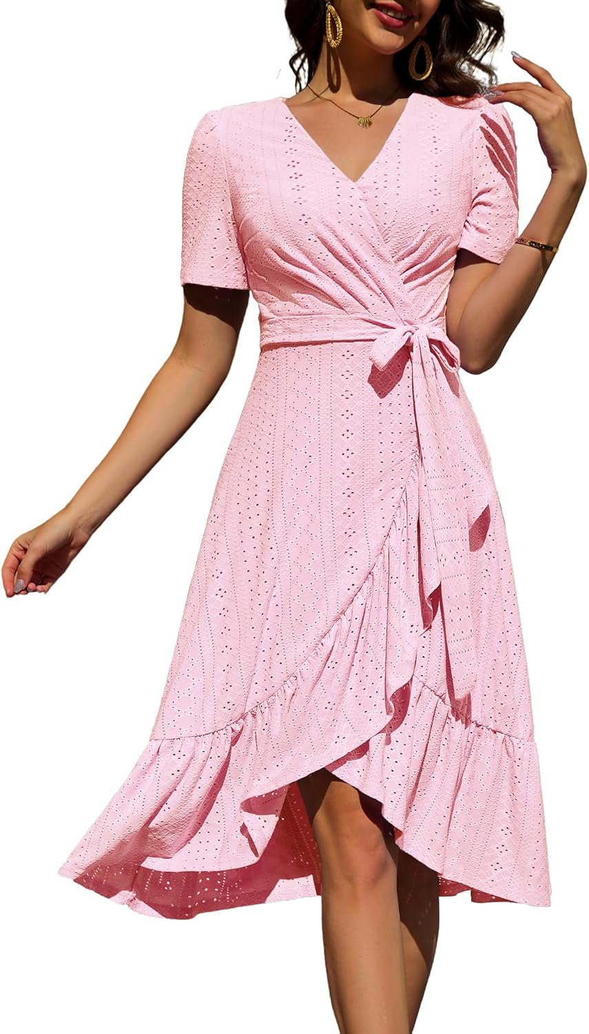 Dressystar Women Eyelet Summer Dress Short Sleeve V Neck Ruffle Wrap Spring Wedding Guest Sun Vacation Midi Casual Dresses Pink Medium