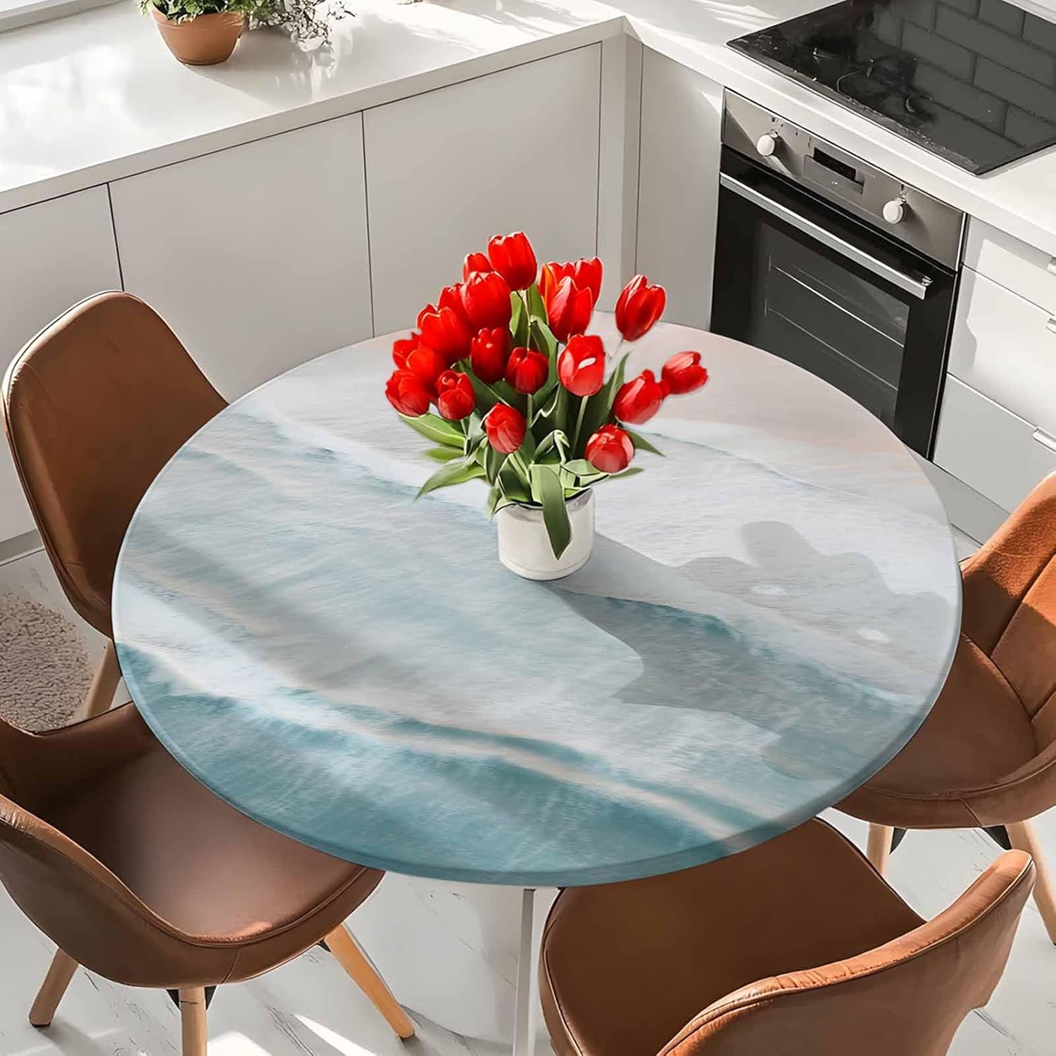 Coastal Tablecloth Round Fitted,Beach Table Cover Waterproof Reusable Ocean Table Cloth with Elastic Edge for Kitchen Dining Party Sea Wave 55-60in