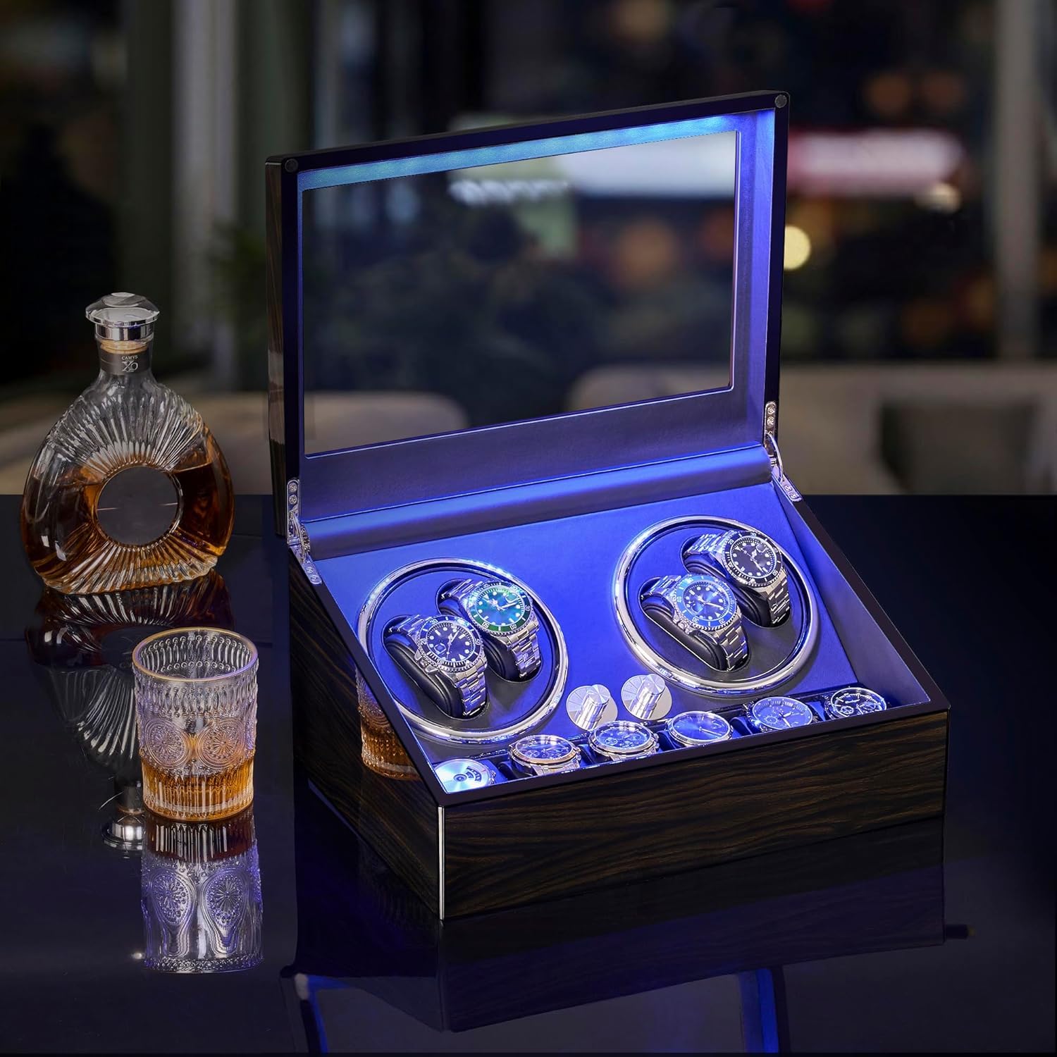 ANWBROAD Caricatore per orologi automatici 4 Rotatori per orologi e 6 scomparti extra con motore Mabuchi super silenzioso Retroilluminazione a LED Gira orologi 4 modalità USB