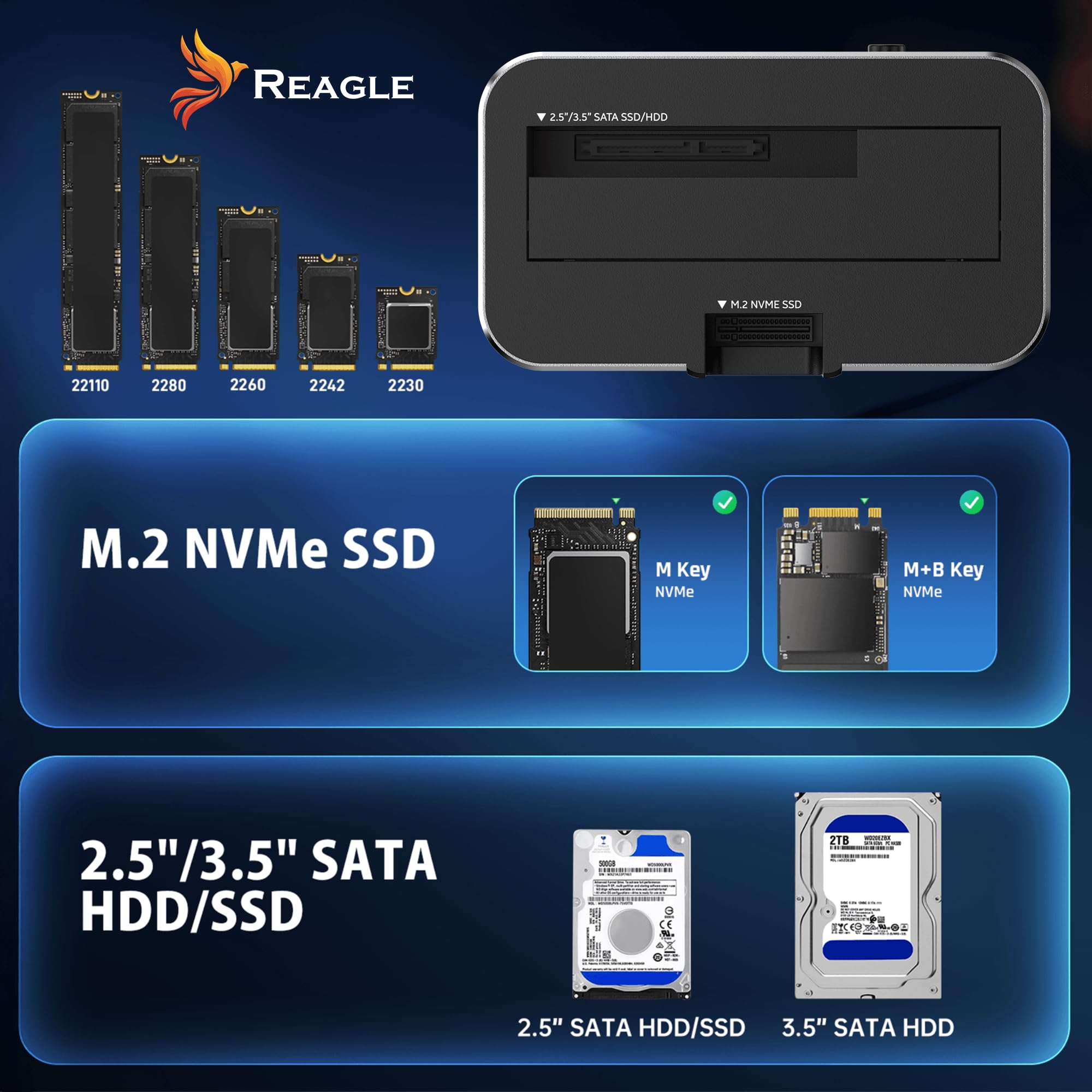 Reagle Stacja Dokująca Dysku SSD HDD SATA 2.5 3.5 NVMe M.2 USB C, USB 3.2 Gen2 10 Gb/s, 28TB, Adapter Klonowanie Offline Dual Szybki Transfer Kompatybilna z PC Laptop Mac Linux