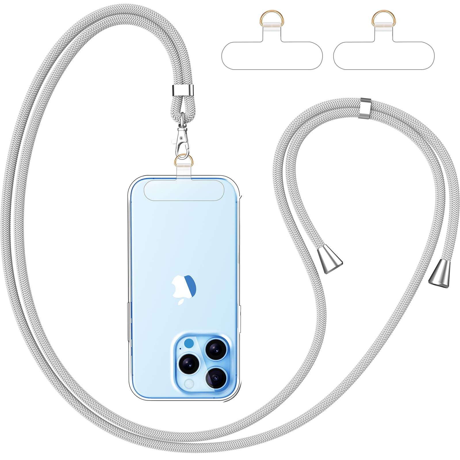 caslord Cordino per Cellulare*1, Trasparente Patch Universali*2, Adatto a Tutti Gli Smartphone, Cinturino per Cellulare Abbinabile a Qualsiasi Custodia, Regolabile e Rimovibile - Grigio chiaro