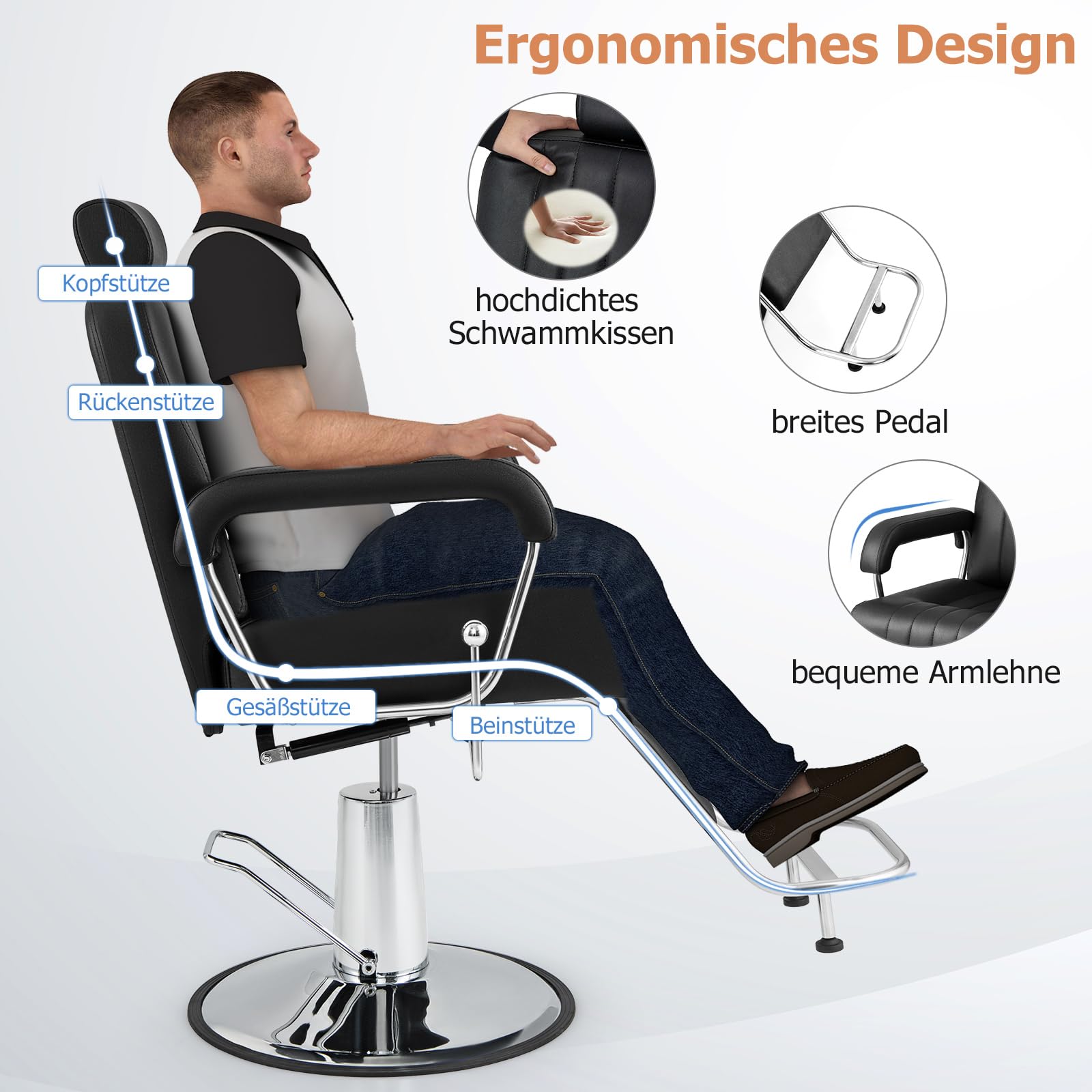 COSTWAY Friseurstuhl mit Kopfstütze & Rückenlehne, Hydraulikpumpe, Salonstuhl höhenverstellbar, Friseursessel 360° Drehung, Bedienungsstuhl belastbar bis 150kg