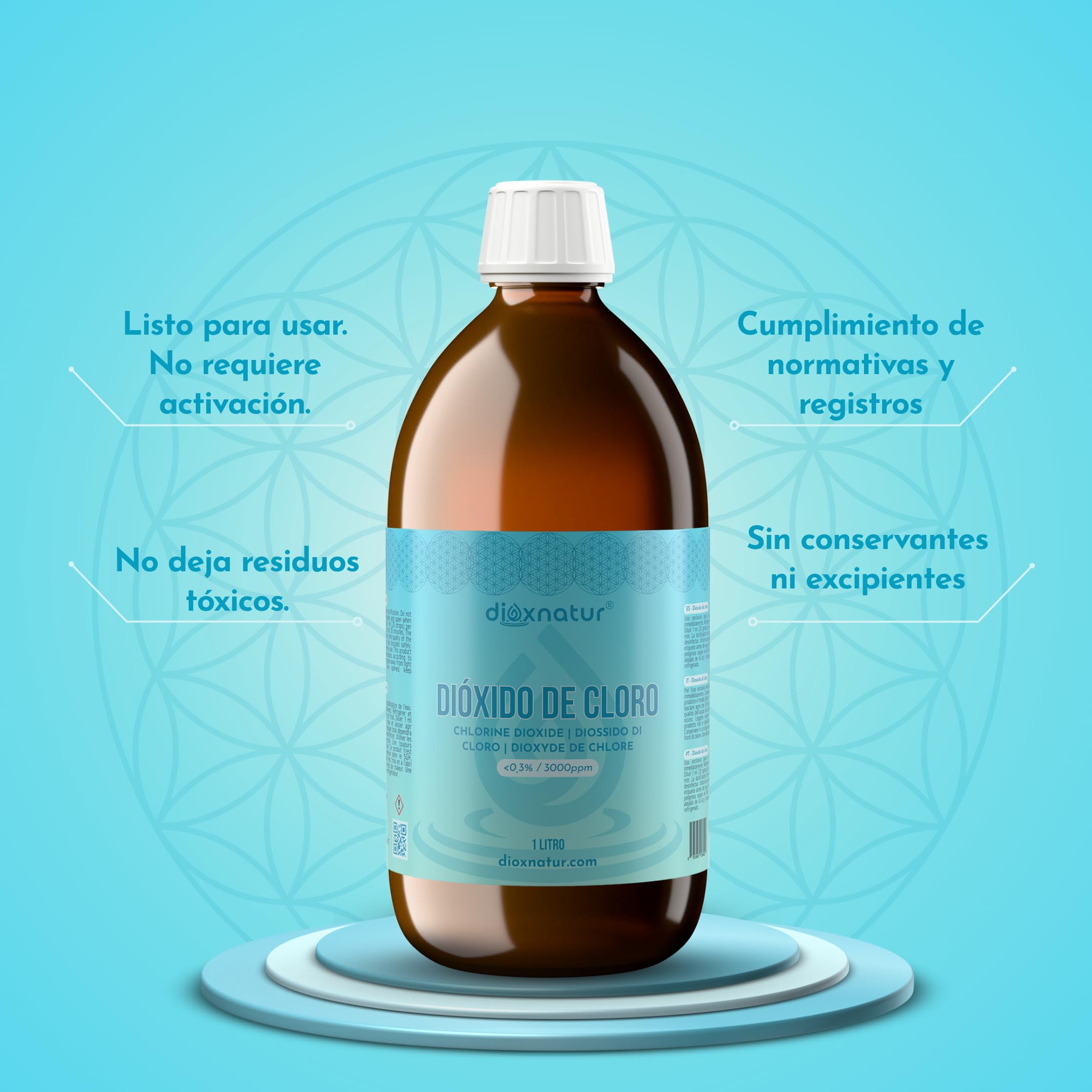 Dióxido de Cloro 3000 ppm 1 litro CDS 0.3% Botella de Vidrio Ámbar con Gotero y Jeringuilla