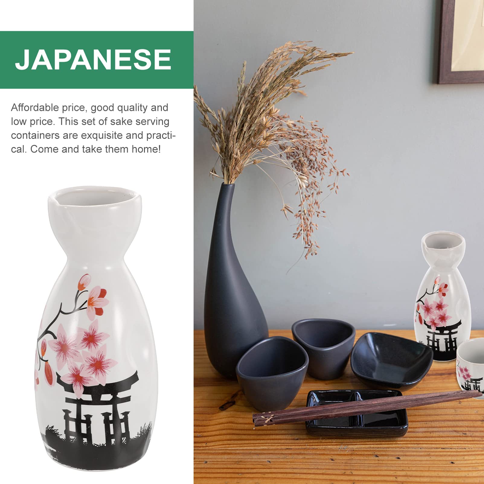PRETYZOOM - Set di tazze per sakè, in ceramica, con bottiglia di bambù calda, multiuso, per sake