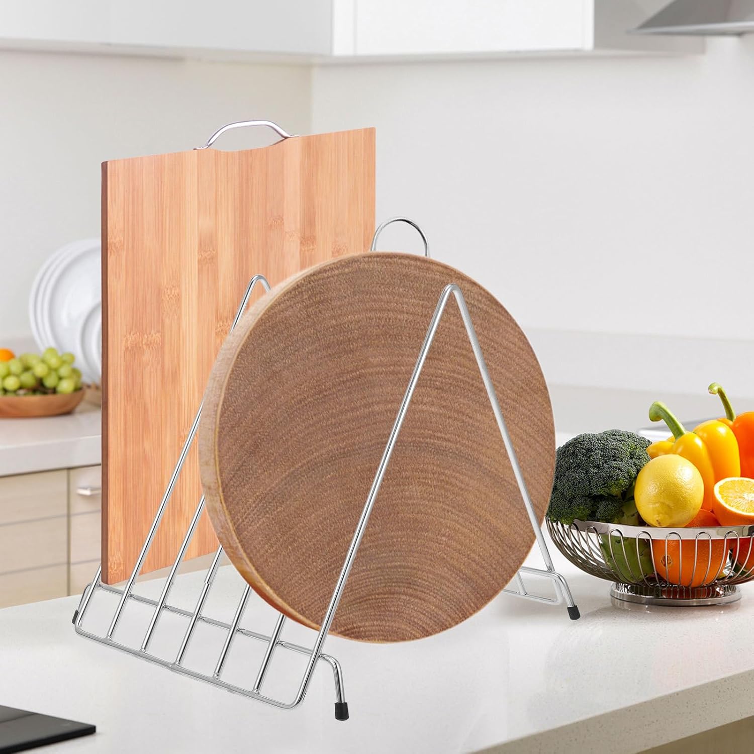 Heavy-duty Stainless Steel Kitchen Cutting Board Holder Rack with Capacity Hollow Design for Fast Drying Pizza Board and Pot Lid Storage Organizer for Countertop and Cabinet