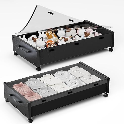 KITHELP Almacenamiento debajo de la cama con ruedas, cajones de madera debajo de la cama, 2 paquetes, contenedores de almacenamiento rodantes debajo