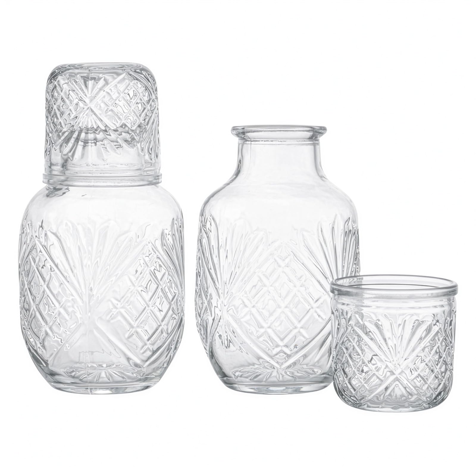 SUNNYNEST Bedside Carafe and Glass Set of 2, Vintage Embossed Glass Water Carafe with Tumbler Cups, Bedside Decanter for Bedroom Nightstand, Bathroom Mouthwash, Juice