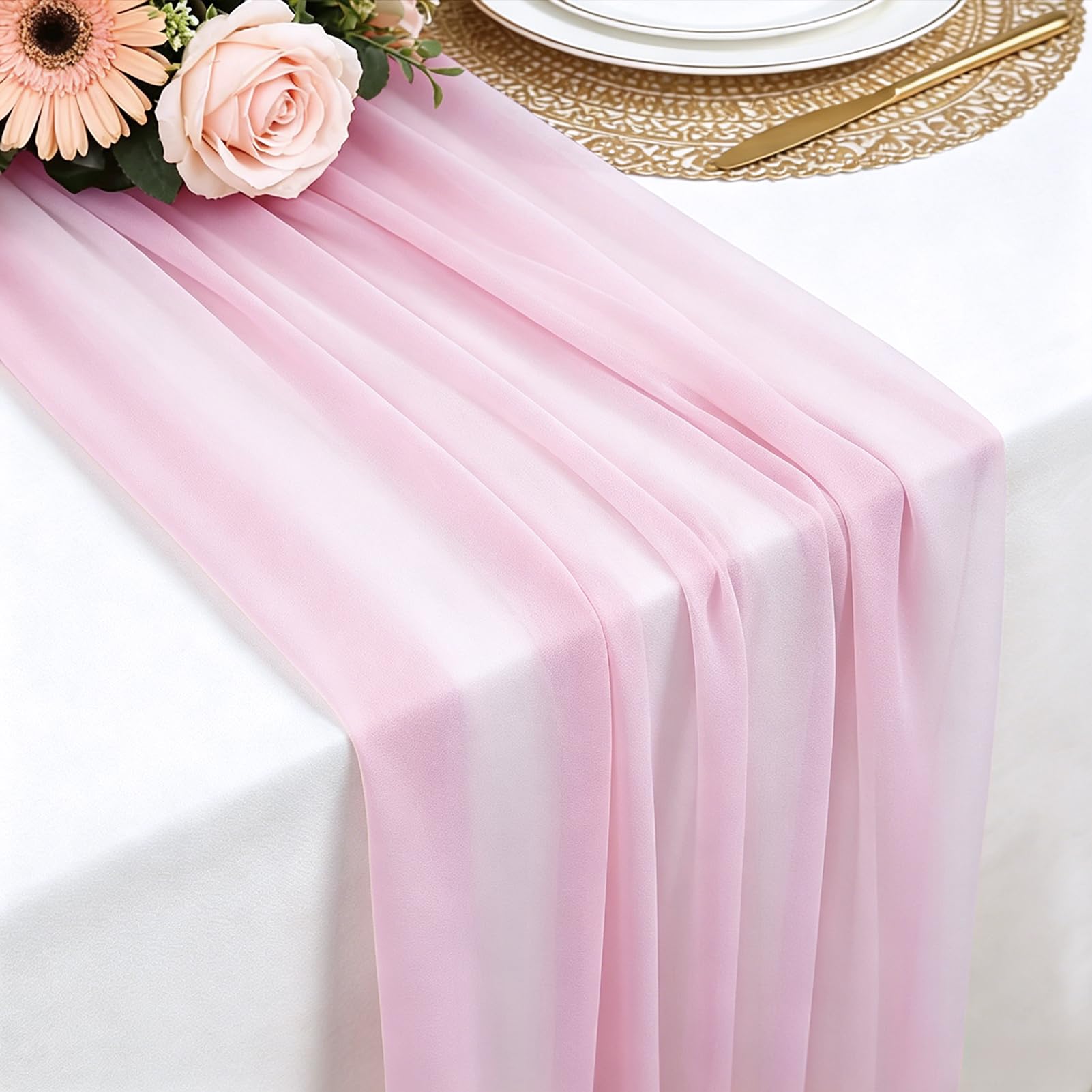 Chiffon Table Runner Pink, 77 x 300 cm Soft and Comfortable Table Runner for Boho Wedding, Party, Baptism Decor, Baby Shower, Bridal Shower Kitchen Table Decoration