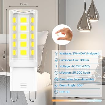 ORALUCE G9 LED Bulbs, 3W40W, Cool White 6000K, 380LM, Pack of 6 | LED Light Bulb, Save Energy, Flicker-Free, Non-Dimmable, CRI 80, for Chandeliers, Wall Lights, Ceiling Fittings [Energy Class E]