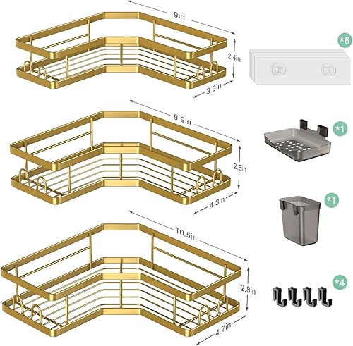 Miniatura 6 de AKTECKE Organizador de ducha de esquina para baño, estantes adhesivos para bañera, paquete de 3 estantes de ducha sin perforaciones para ducha