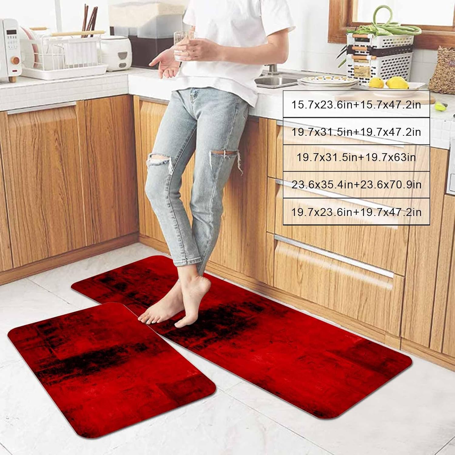 Prime Leader Red Abstract Kitchen Mat Set 2 Pieces Art Graffiti Paint Style Non Slip Kitchen Rugs Washable Runner Rug Mats for Sink Laundry (19.7" x 31.5"+19.7" x 47.2")