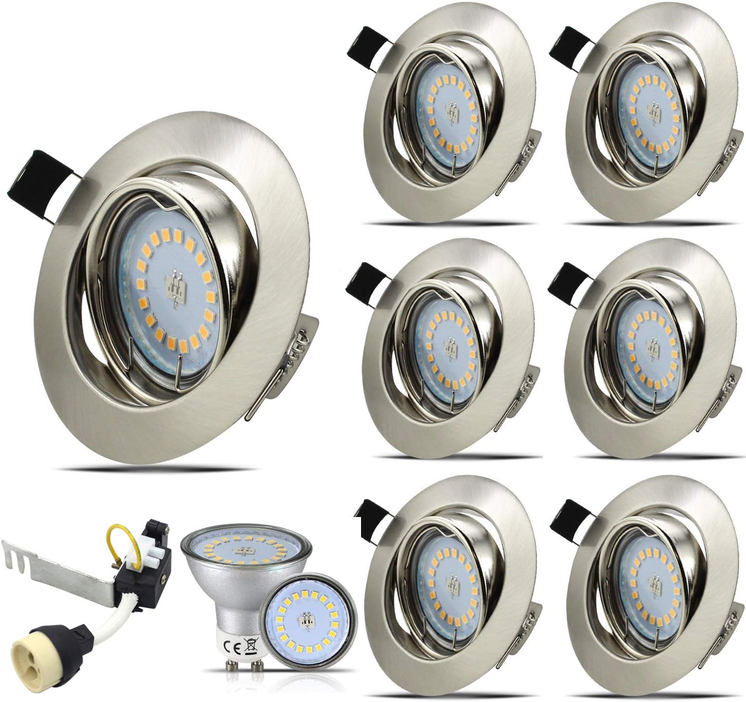 HiBay 6X Round GU10 Downlights Tilt LED Recessed Ceiling Lights Brushed Chrome Spotlights