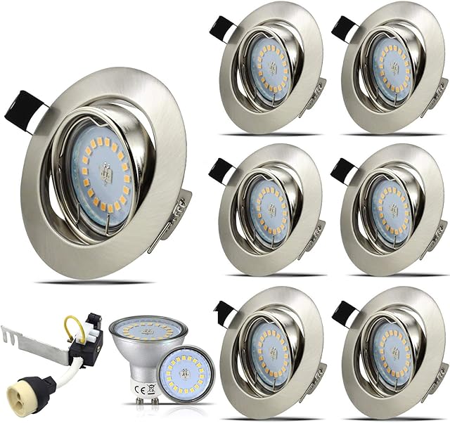 HiBay 6X 5W LED Recessed Ceiling Lights GU10 Downlights Brushed Chrome Kitchen Spotlights Fitting Tilt Round 240V Warm White Energy Saving Lamp