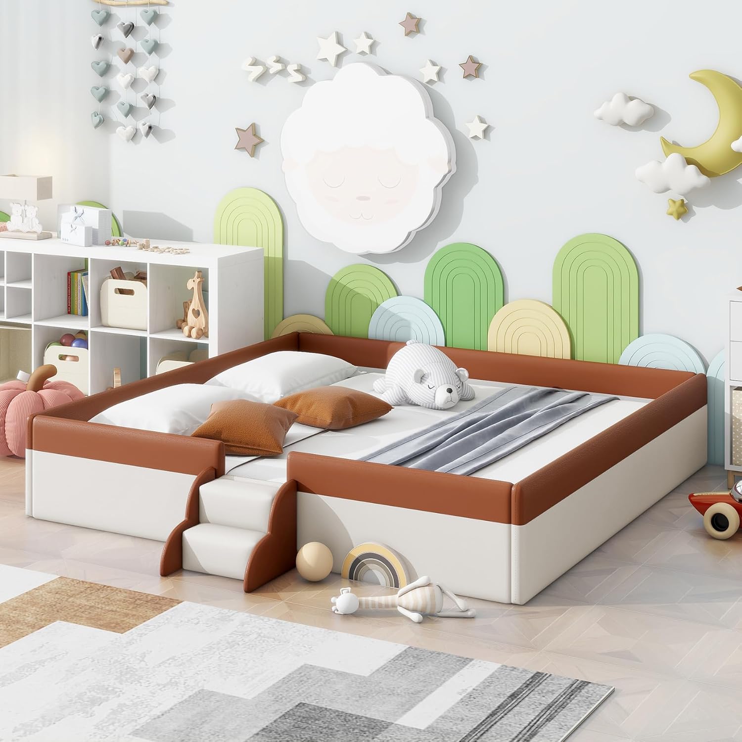 Twin Size Floor Bed, Upholstered Montessori Floor Bed Frame with Fence and Stairs, Safety Guardrails Floor Bed Frame for Kids, Baby, Easy Assemble, No Box Spring Needed (Twin)