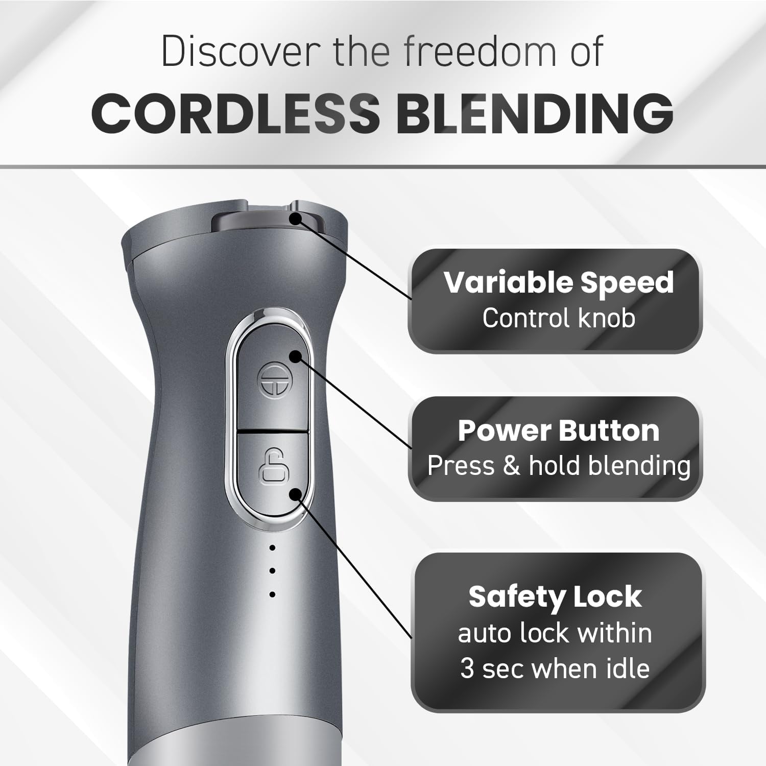 Elite Gourmet EHB1324 Cordless, Rechargeable Hand Blender, Variable 5-Speed Blending, One-Touch Power Button & Safety Lock, Stainless Steel Blades, Portable, Sauces, Soup, Smoothies, Baby Food, Gray