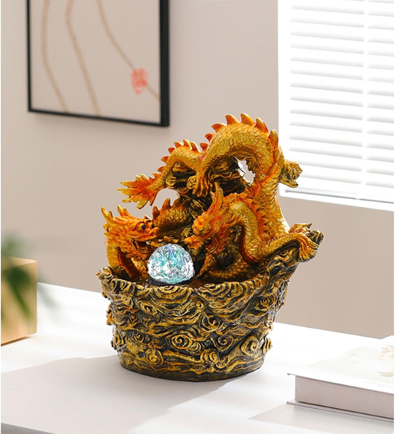 Lucky Dragon Statue Desktop Fountain Chinese Waterscape Decoration Indoor Waterfall Meditation Tabletop Water Fountain for Office Relaxing