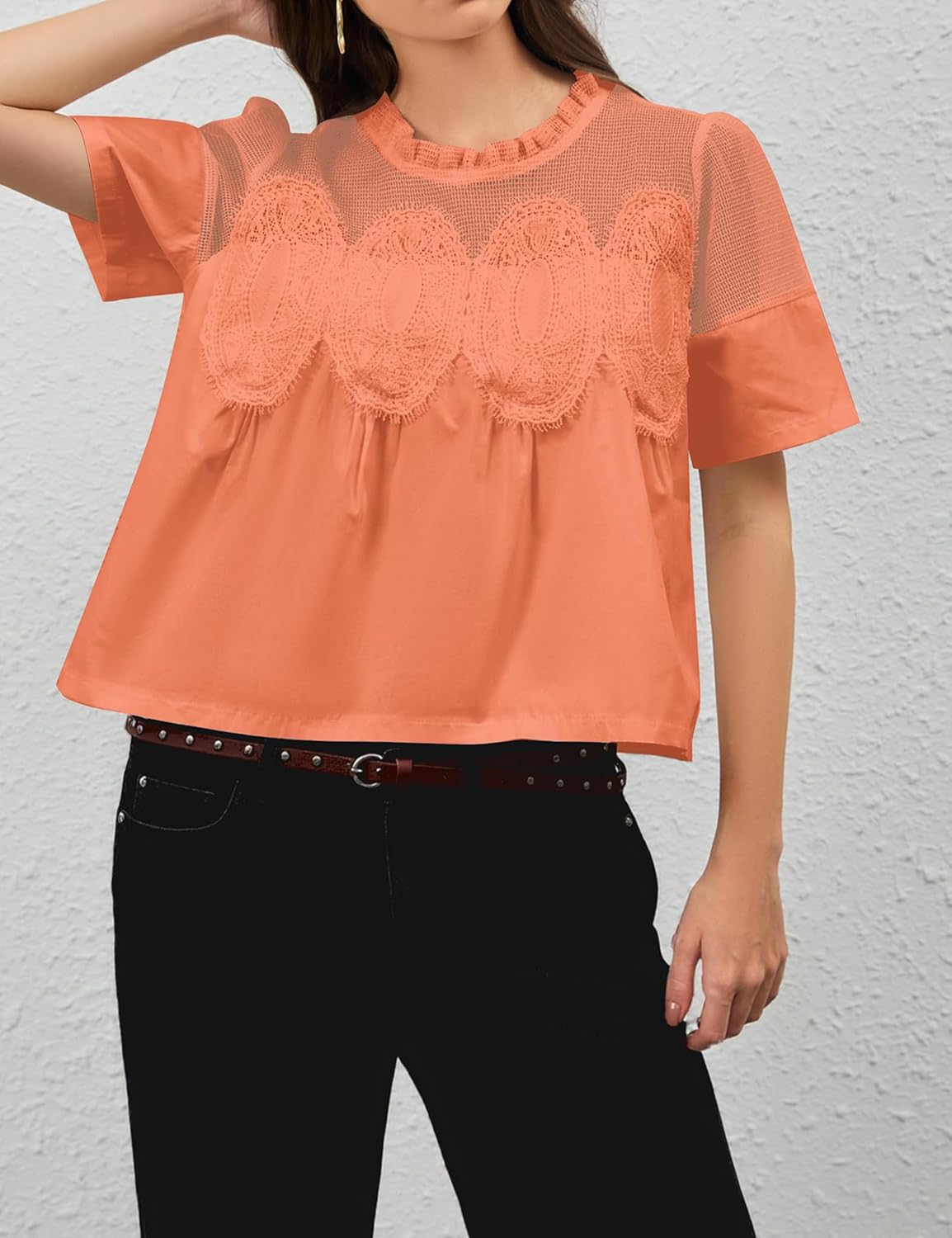 Women’s Lace Flared Short Sleeve Blouse Lace Poplin Ruffle Mesh Crew Neck Swing Babydoll Tops Elegant Loose Shirts