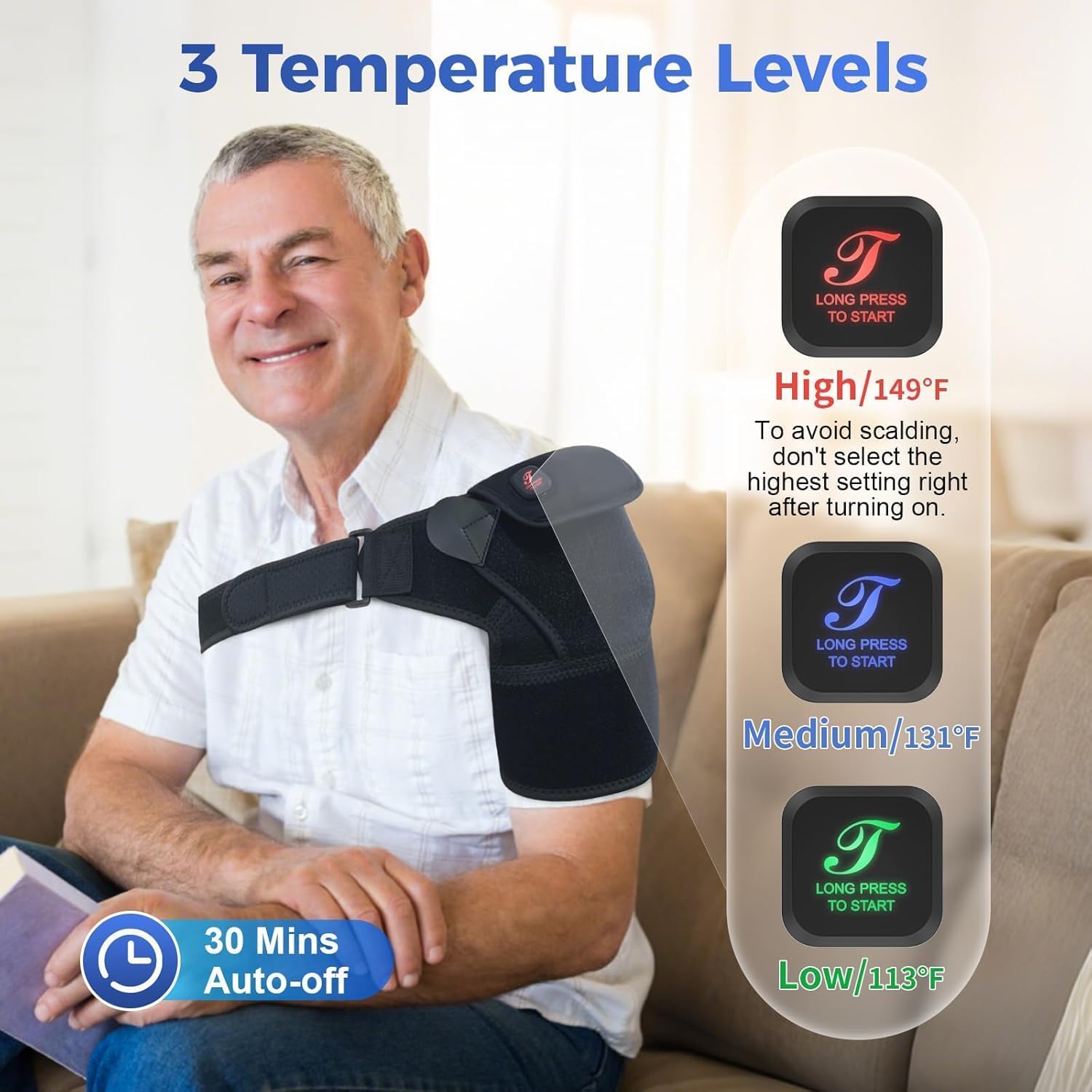 Almohadilla térmica de hombro inalámbrica, soporte de hombro térmico para manguito rotador congelado, 3 niveles de calor, batería recargable de 3000 mAh, envoltura de hombro para aliviar el