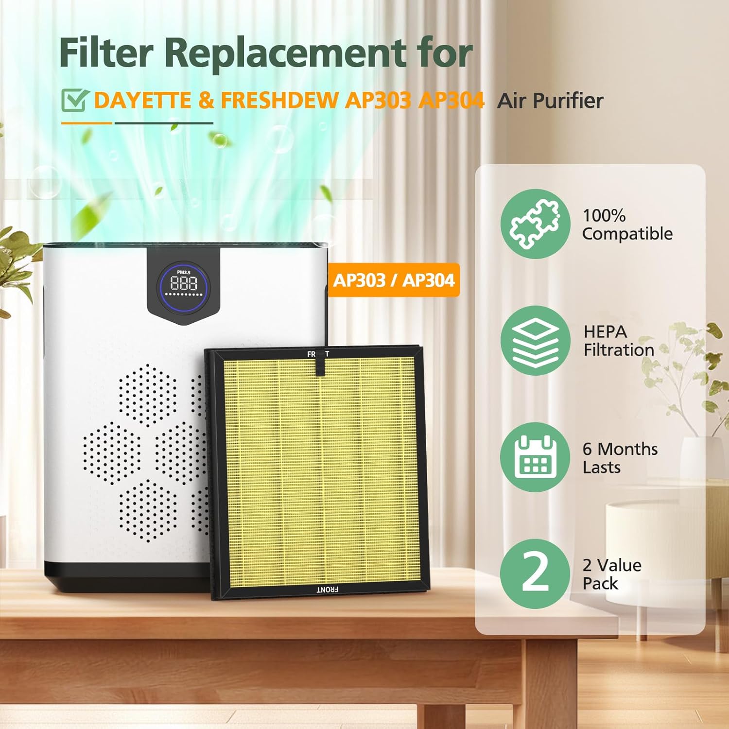 AP303 AP304 Replacement Filters, Compatible with DAYETTE AP303/ AP304/ AP305/ AP308/ AP405 Air Purifier, and for FRESHDEW AP303/ 304 Purifier, HEPA Filter with 3 Stage Filtration, 2 Pack (Pet Filter)