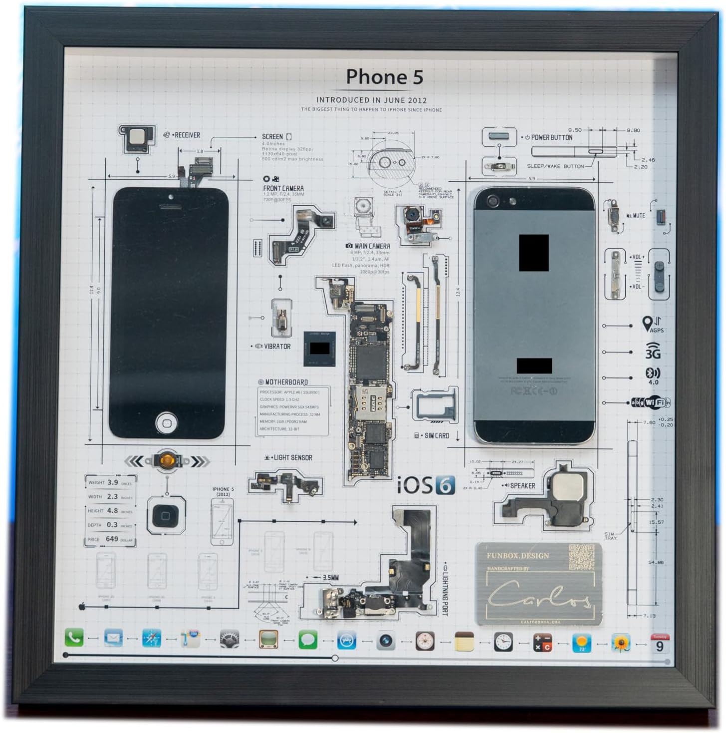 Framed Teardown Art for iPhone 5, Disassembled Phone Wall Art, Tech Display Frame for Office, Bedroom or Game Room, Handmade Retro Gadget Decor, Unique Artwork for Tech Lovers and Collectors