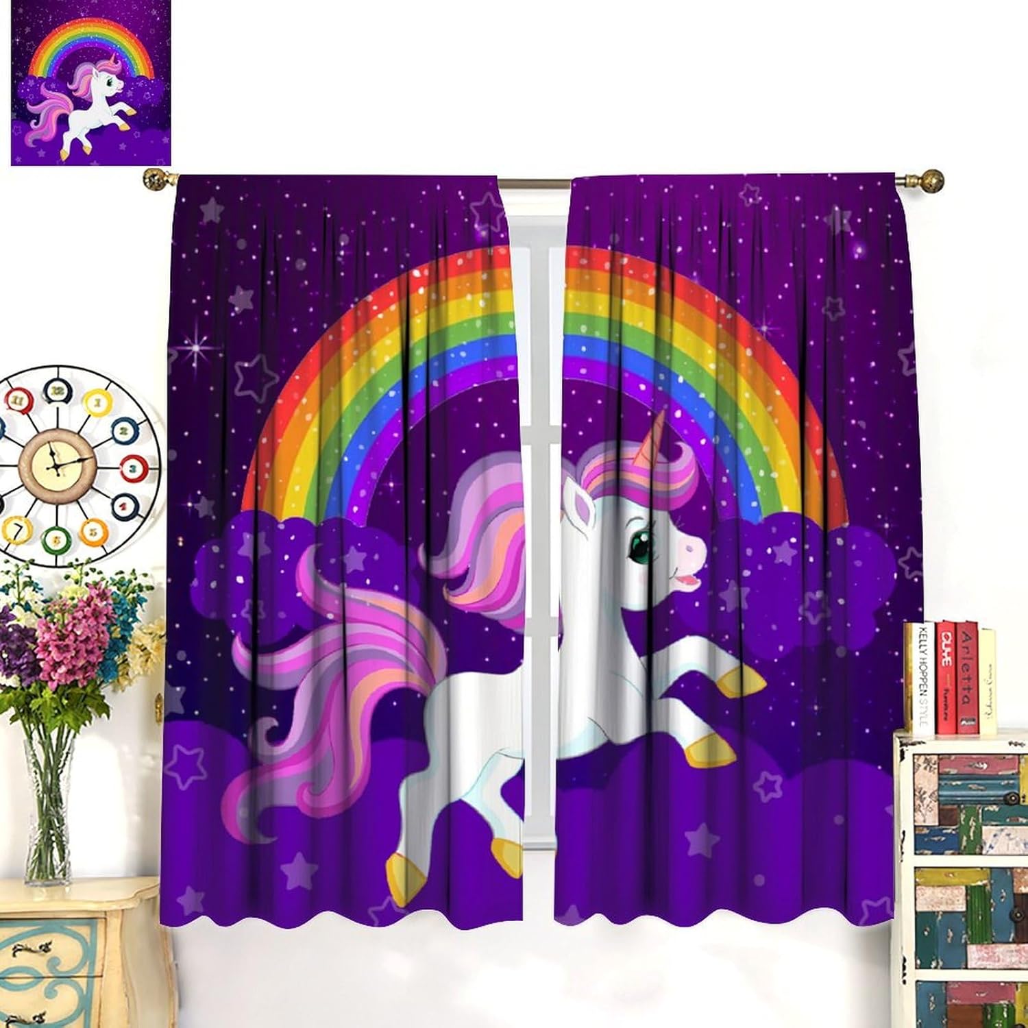Cute Unicorn Curtains, Cartoon Pink Unicorn Rainbow Purple Starry Sky Stars Clouds Blackout Window Treatments Drapes for Kids Girls Babys Bedroom Livingroom, 42" W X 63" L