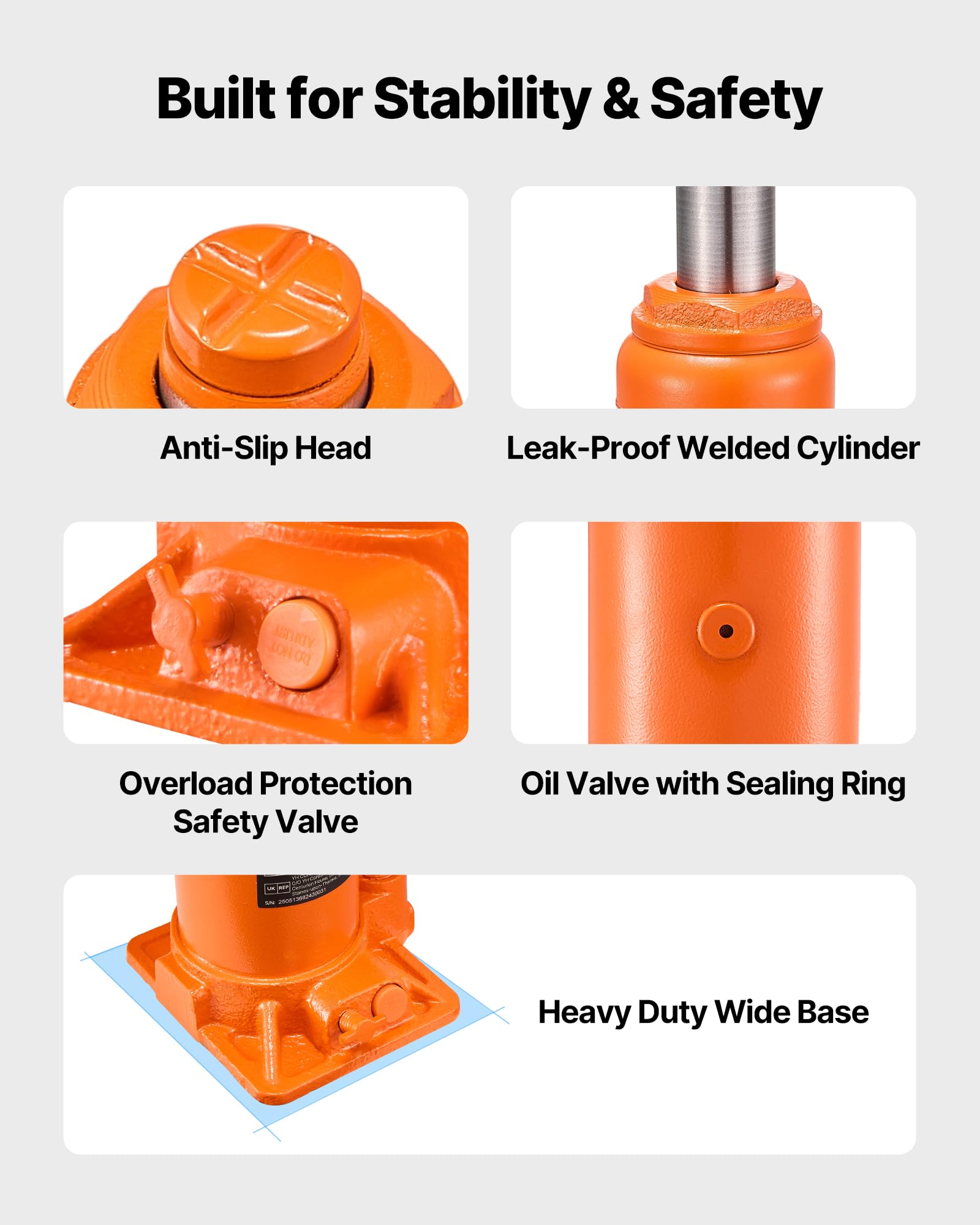 VEVOR Cric Bouteille Hydraulique Grande Capacité 10 T, Cric de Levage pour Voiture Plage de Levage 235-470 mm, pour Entretien Réparation Automobile et Équipement Agricole, Atelier Garage, Orange