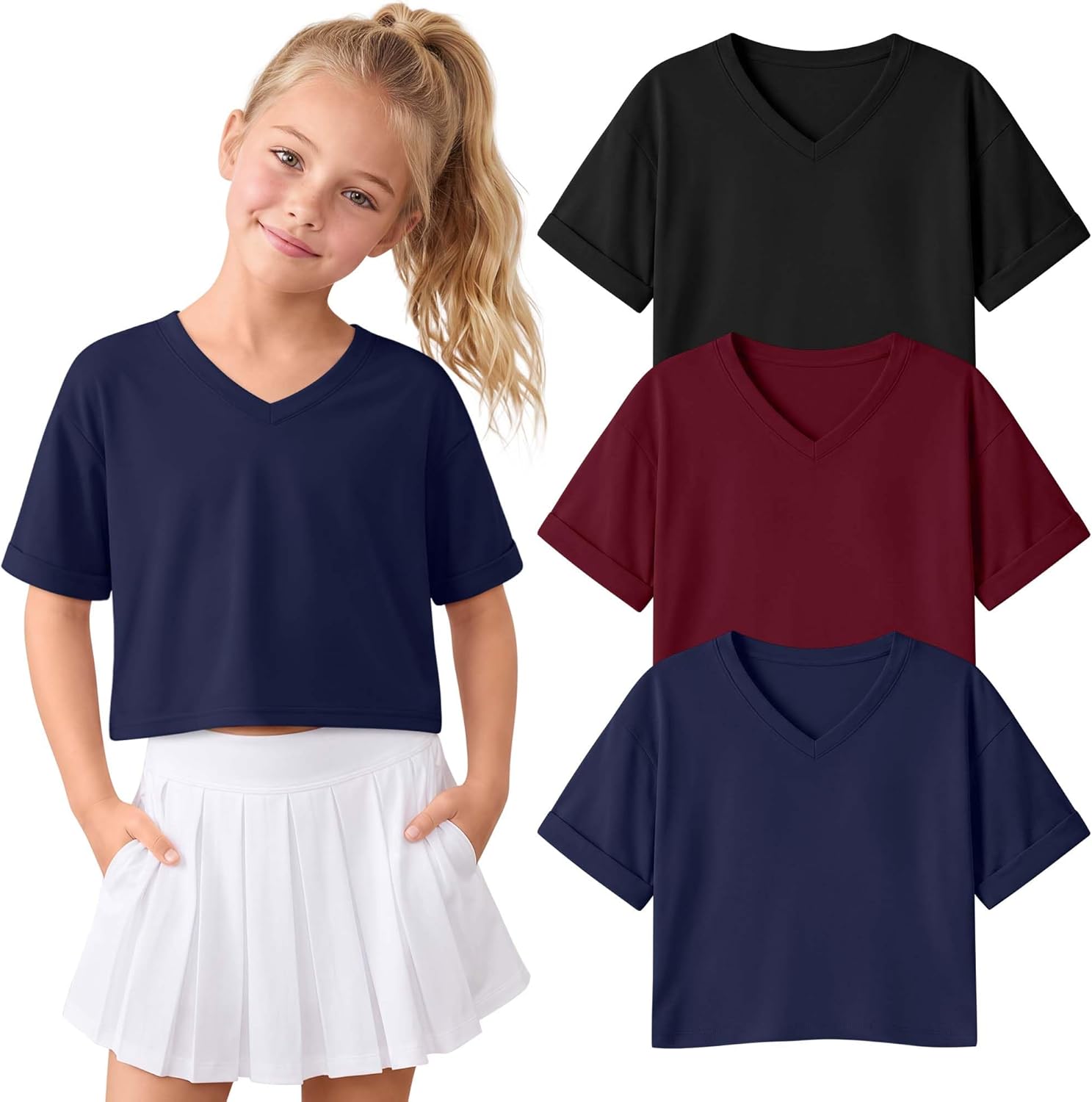 3 Pack Girls Crop Tops Short Sleeve Oversized T-Shirts Kids Rolled Cuff V Neck Summer Cropped Athletic Tees 5-14Y