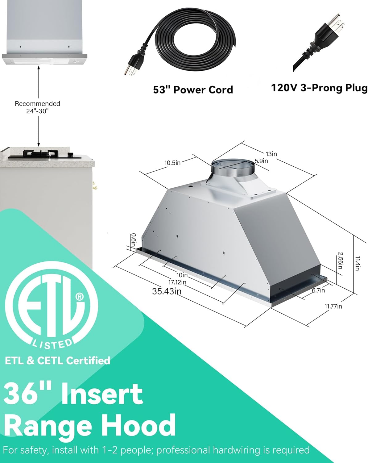 36 inch Stainless Steel Insert Range Hood - 900 CFM, Gesture Control, Ultra-Quiet 4-Speed Vent, LED Lights, Ducted/Ductless Convertible