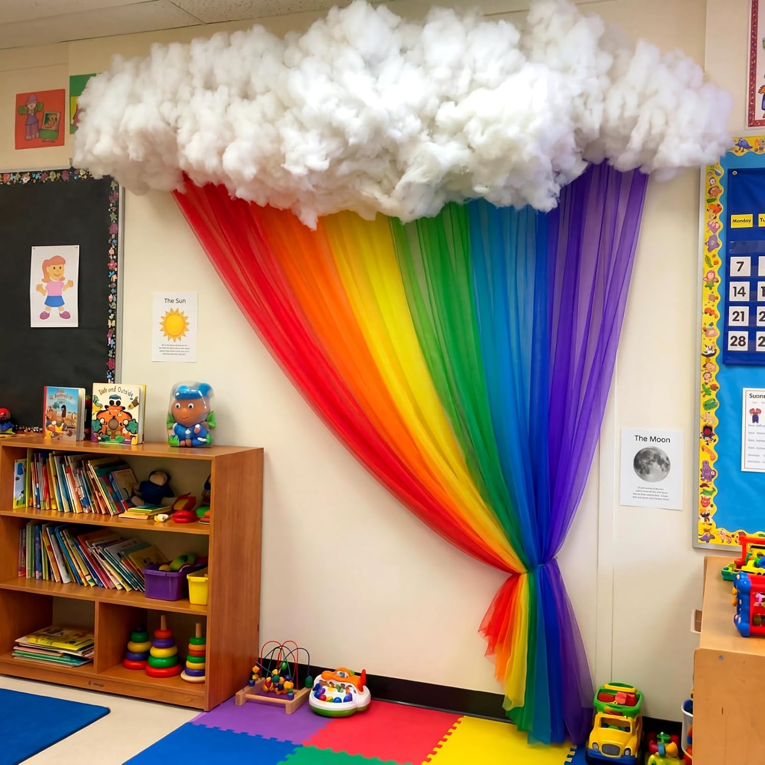 Threlaco 8 Pcs 20 x 91 in Rainbow Classroom Wall Curtains Decor with Clouds | Back to School Decorations, Rainbow Classroom Sheer Curtain, First Day of School Wall Chalkboard, Window Backdrop Props