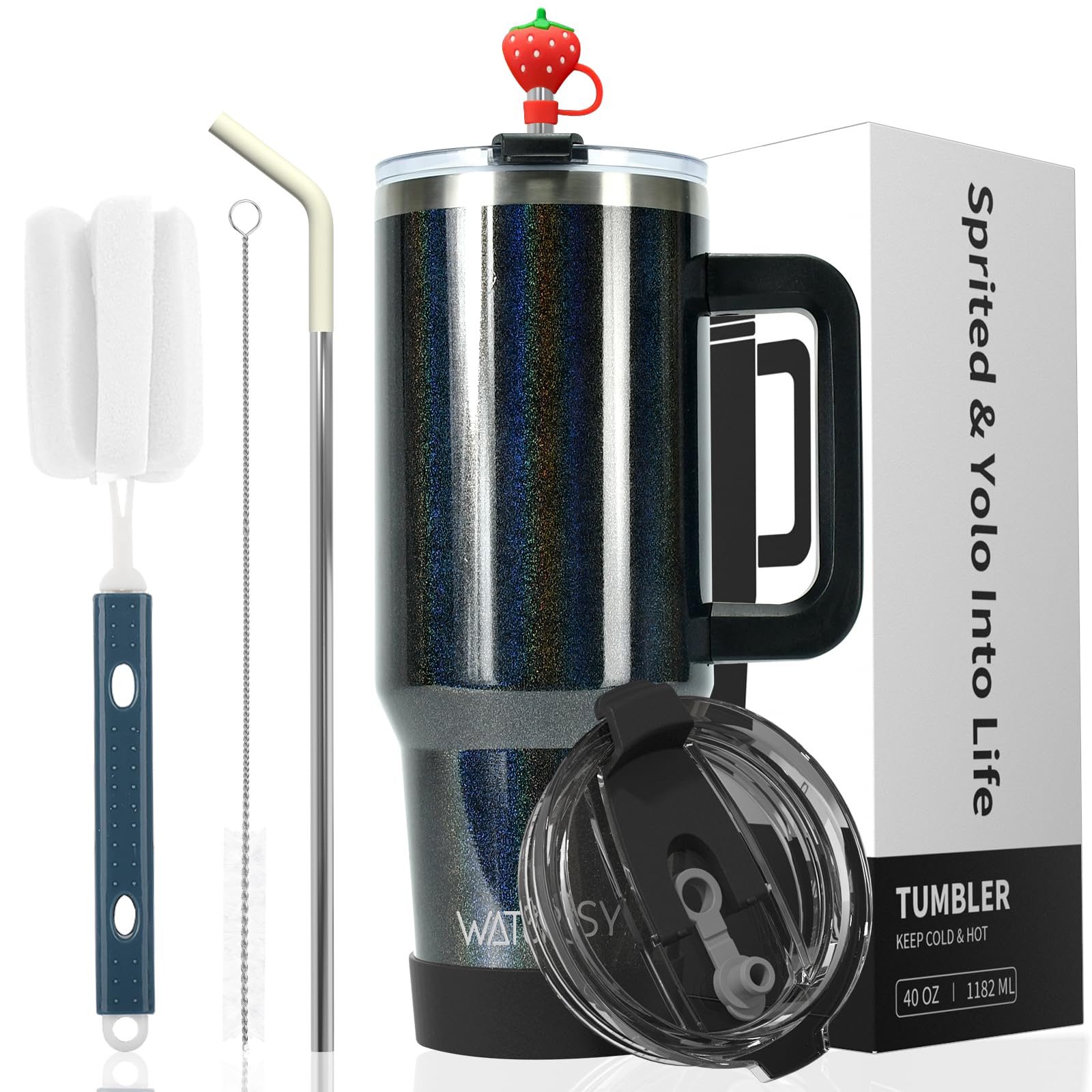WATERSY Doppelwandiger 30oz Kaffeebecher to Go Thermobecher Edelstahl Vakuum Auslaufsicher Trinkbecher mit Griff und Strohhalm Thermo Tumbler Schwarz Glänzend
