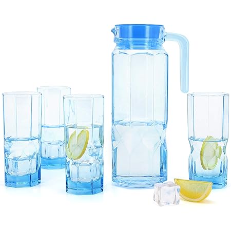 Ice-Blue Glass Pitcher and Glasses Set 1 Pitcher and 4 Drinking Water Cups Tumblers for Homemade Ice Tea & Juice or lemonade, Beer Beverage Party Carafe with Cups, Ideal Gift Drinking Cups Set- 5 PCS