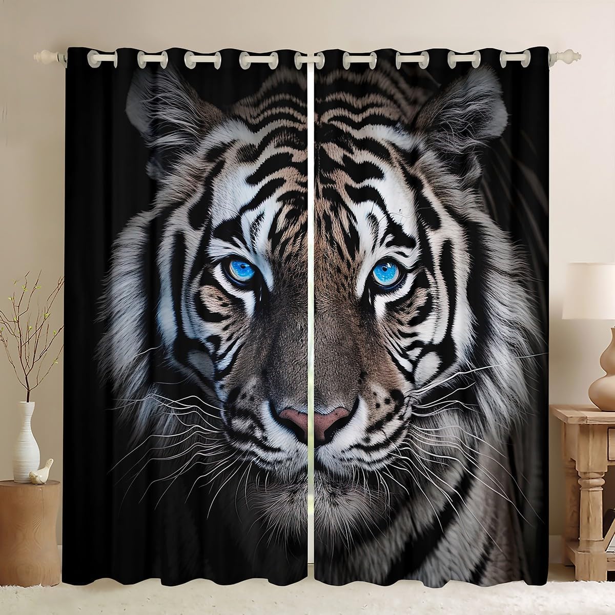 Tiger Window Curtains Waterfall Rainbow Curtain Panels Safari Animals Window Drapes For Kids Boys Girls Crane Birds Mountain Jungle Fresh Nature Window Treatments Living Room Decor 52W"x96L"