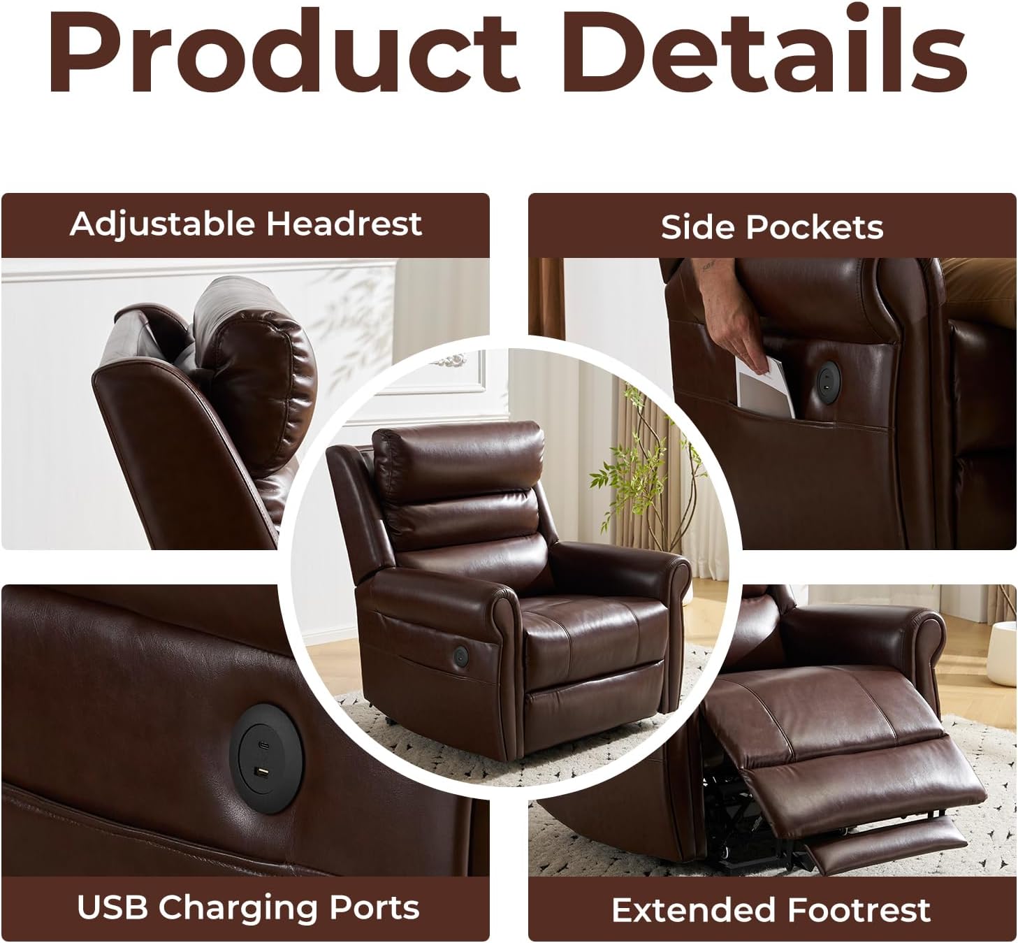 Power Lift Recliner Chair with Massage and Heat for Elderly,Electric Lift Recliner Single Sofa with Adjustable Headrest for Big and Tall,Infinite Position, Side Pocket and USB Port,Brown