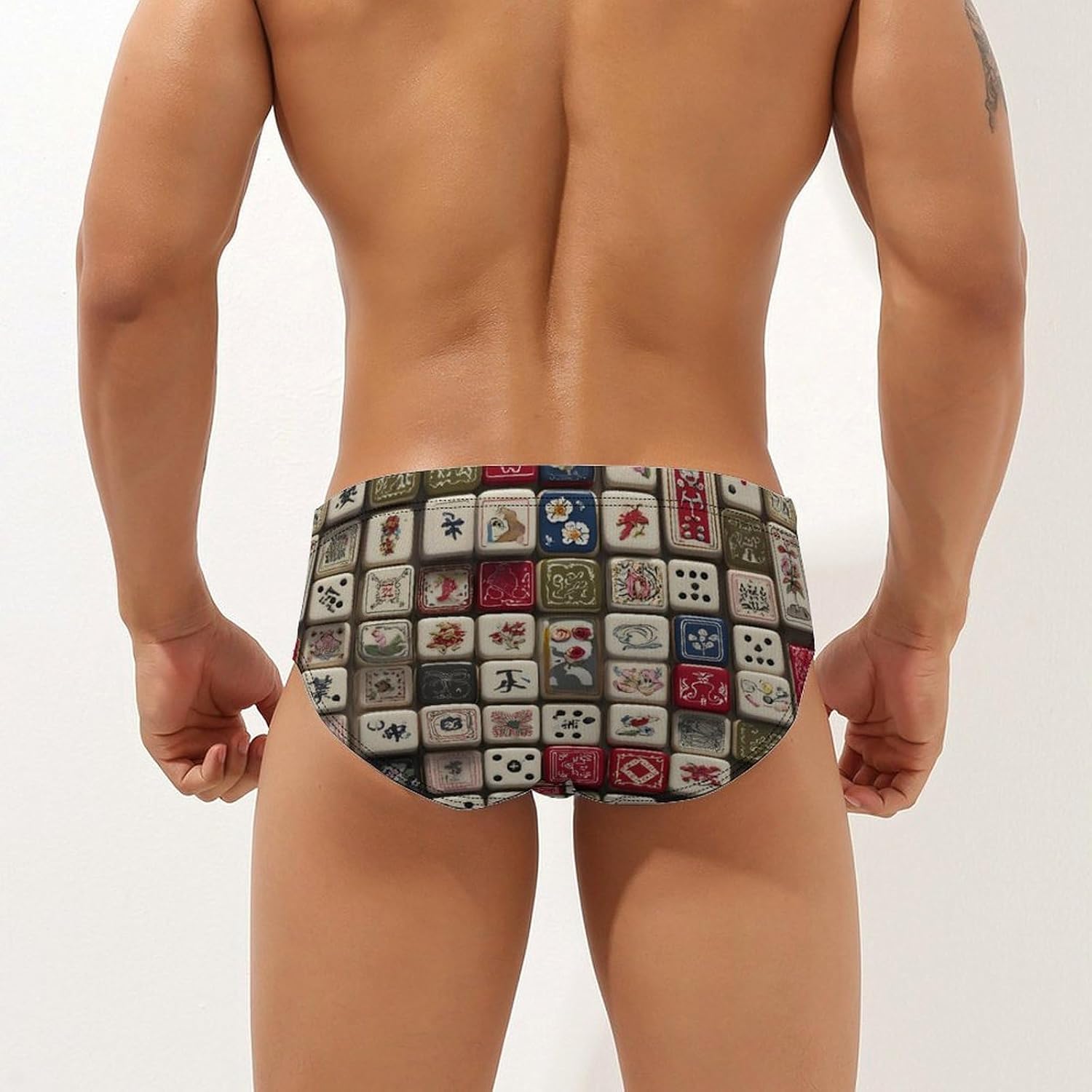 Funny Mahjong Men's Swimsuit Brief Sexy Bikini Briefs Retro Printed Swimwear Quick Dry Swimming Trunks 3X-Large
