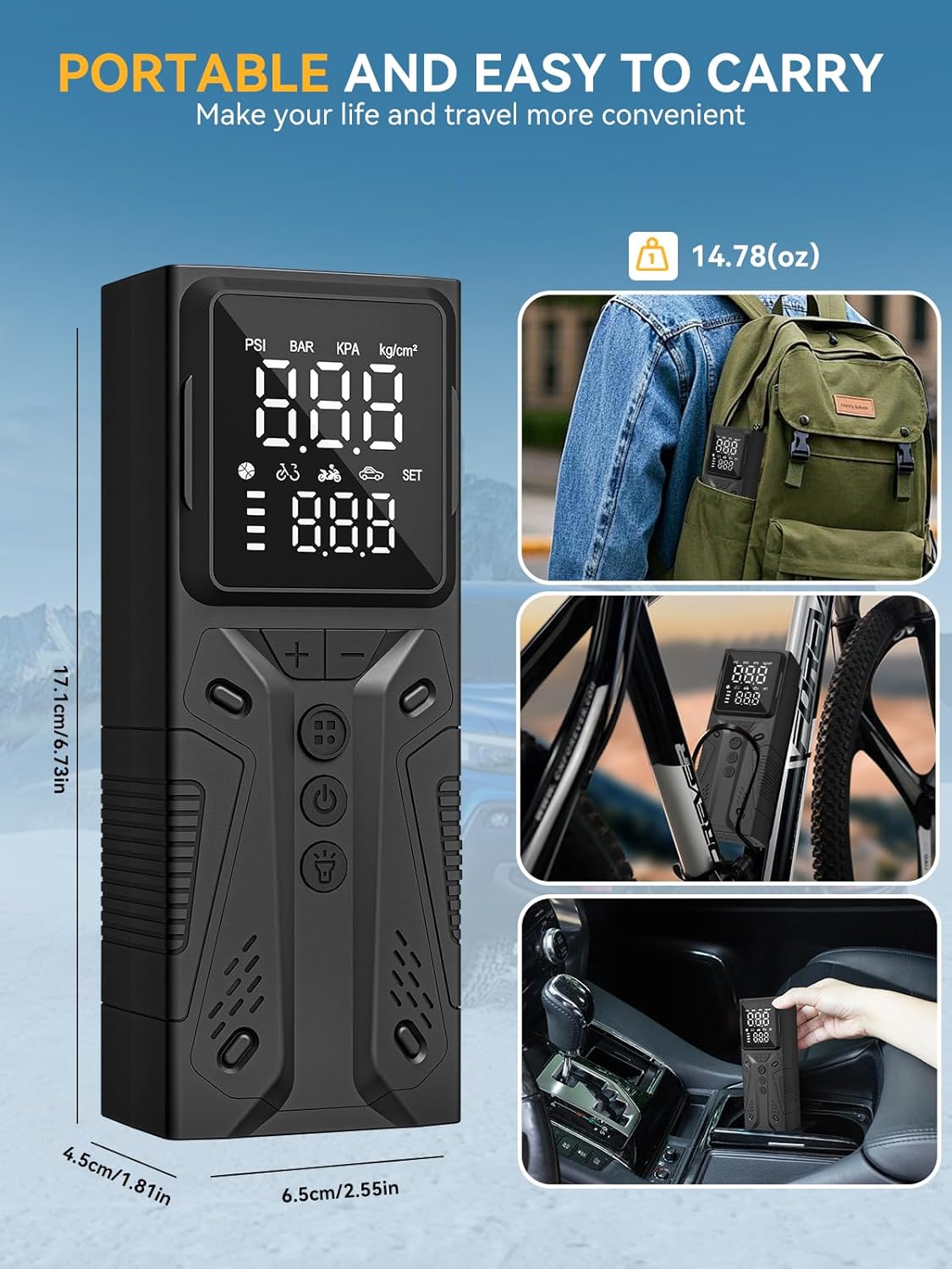 AIRSURE Tire Inflator Portable Air Compressor, High-Speed 150PSI Cordless Air Pump for Car Tires with Powerful Battery, Auto Shut-Off - Portable Tire Pump for Car, Bike, Motorcycle and Balls
