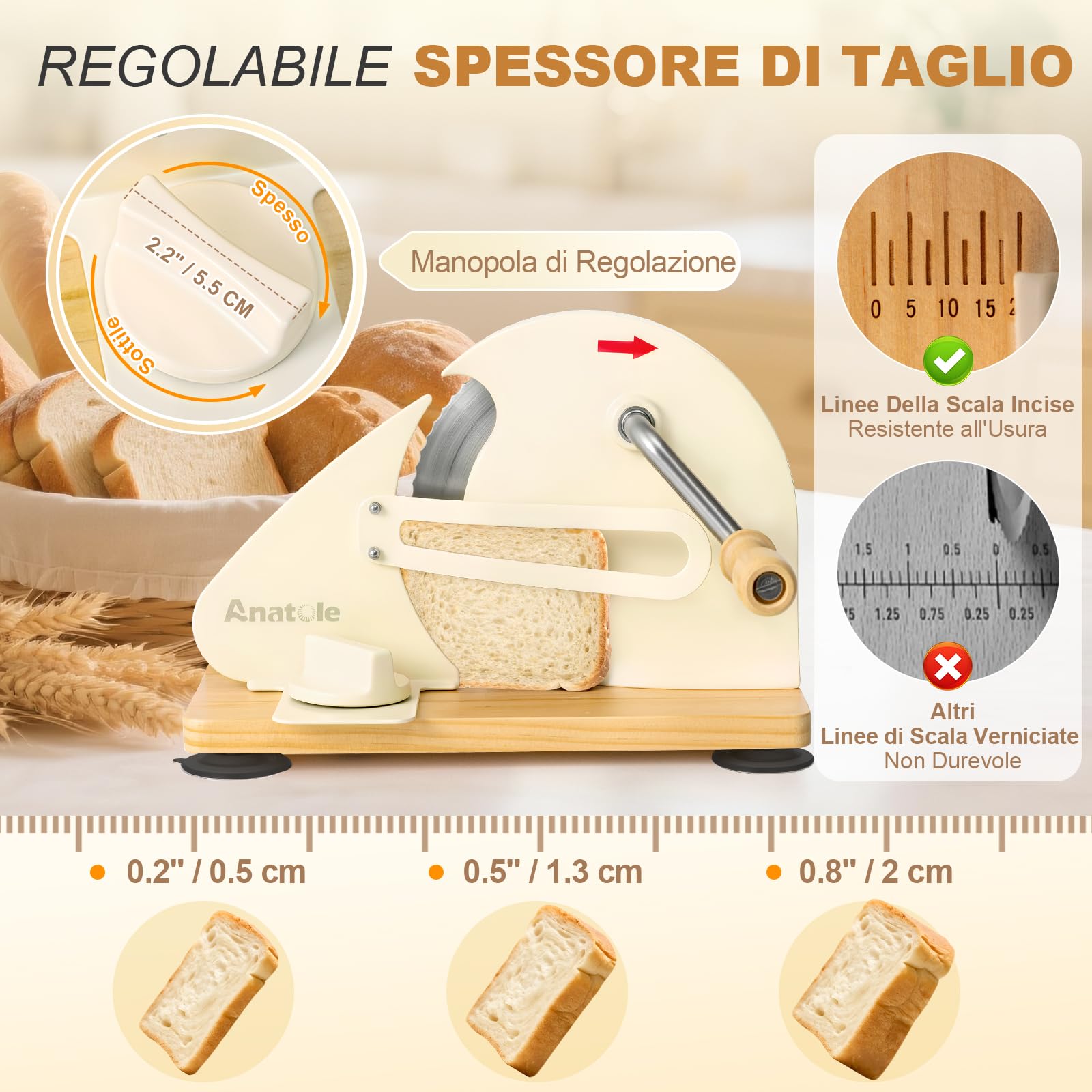 Anatole Affettatrice per Pane Manuale Pieghevole Acciaio Inox 0-20mm | Taglia Pane a Fette Professionale Piccola, 6 Ventose, Base&Manovella in Legno, Guida Metallica Rimovibile, per Toast Baguette