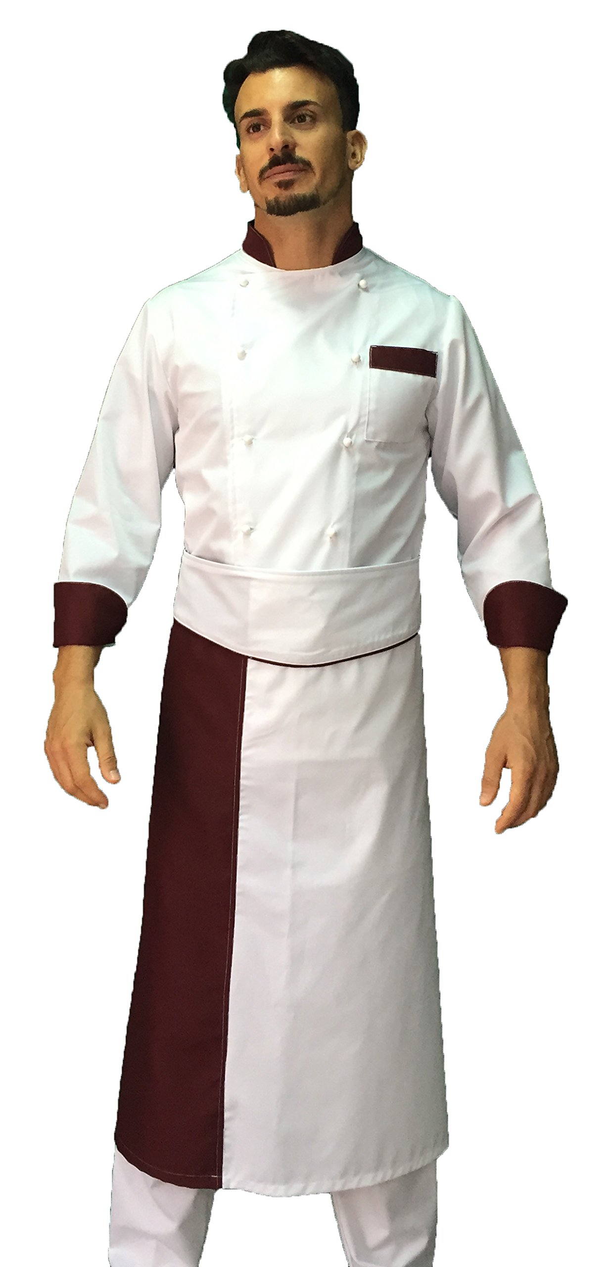 Ricamo Gratuito - Completo Cuoco Uomo - Bianco e Bordeaux - Divisa Chef - Giacca, Pantaloni e Grembiule - 100% Cotone - Uniforme per Cucina e Ristorante