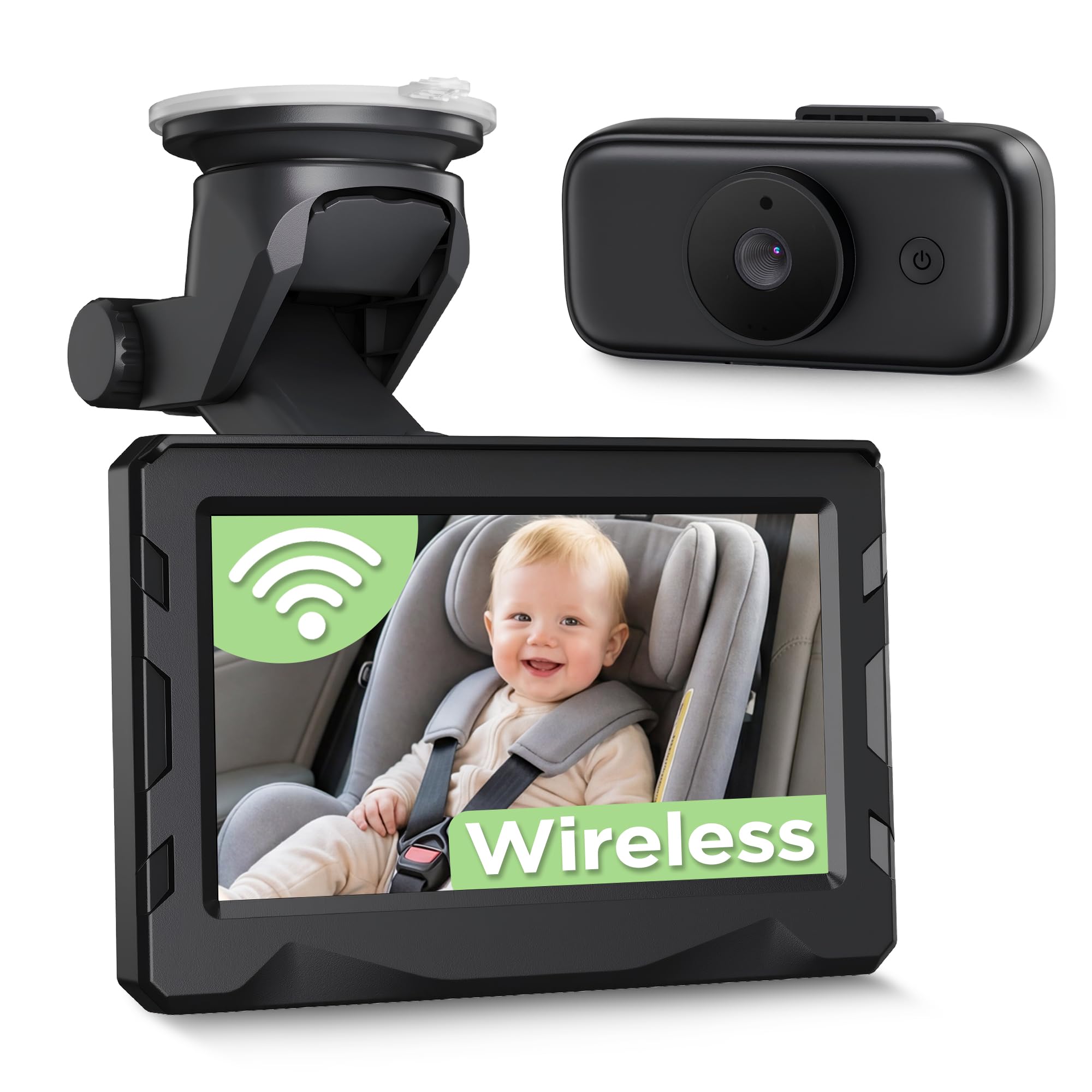 Cámara de bebé inalámbrica para coche HD 1080P, espejo de coche con visión nocturna, batería de 10000 mAh, pantalla HD de 4,3 pulgadas