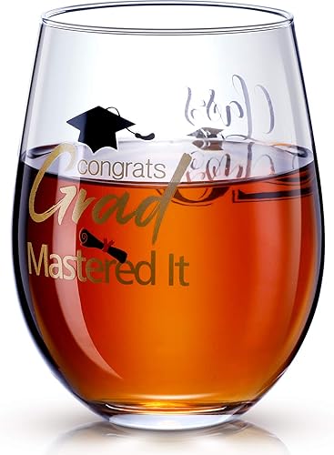 Blulu Copa de vino de graduación 2025, divertida copa universitaria, felicitaciones graduadas masterizadas 17 onzas, tazas grabadas sin tallo para