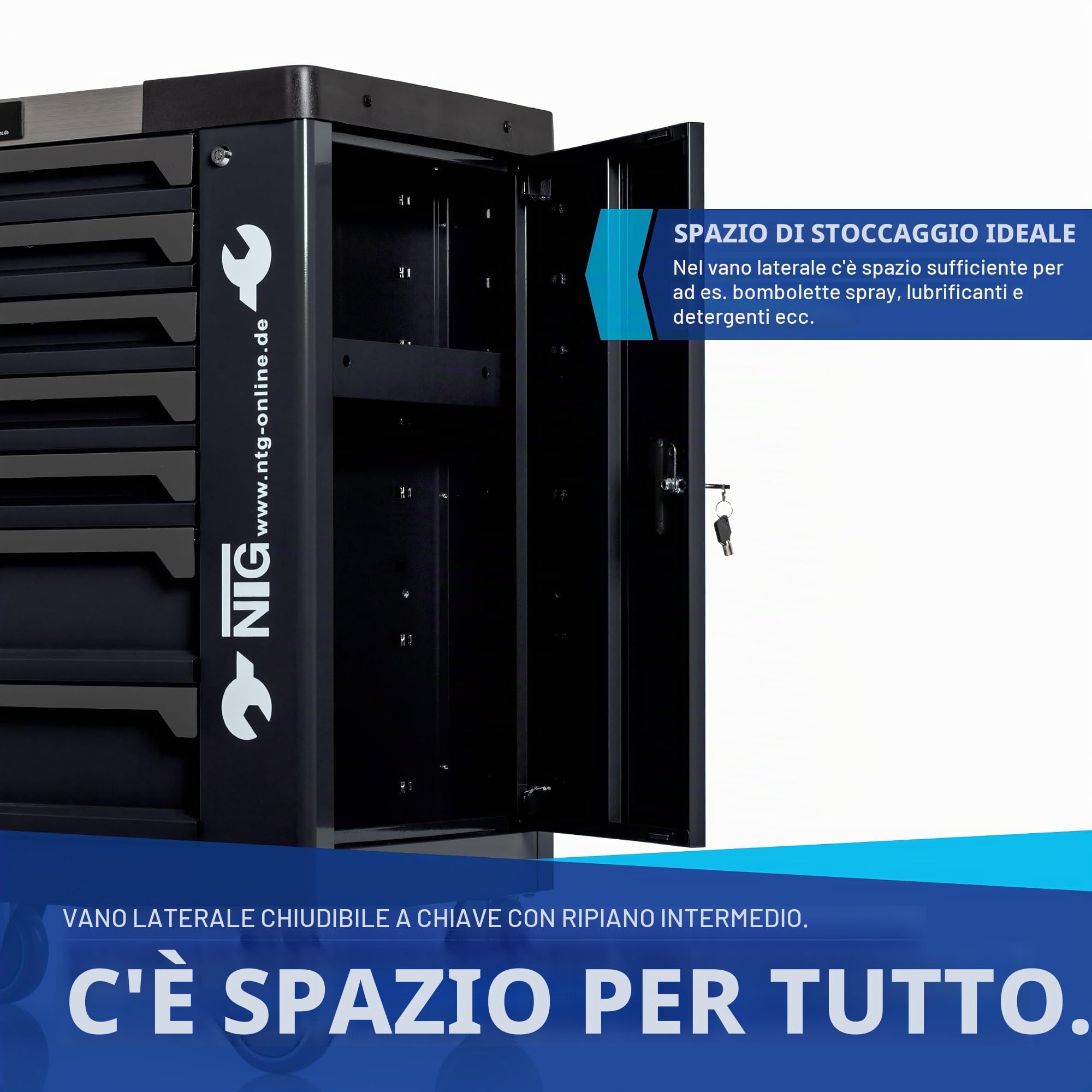 Carrello portautensili NTG + utensili + 7 cassetti | 252 pezzi | Nero | Di cui 6 con utensili | Chiudibile a chiave | Cassetti riempiti | Carrello da officina Cassetta degli attrezzi